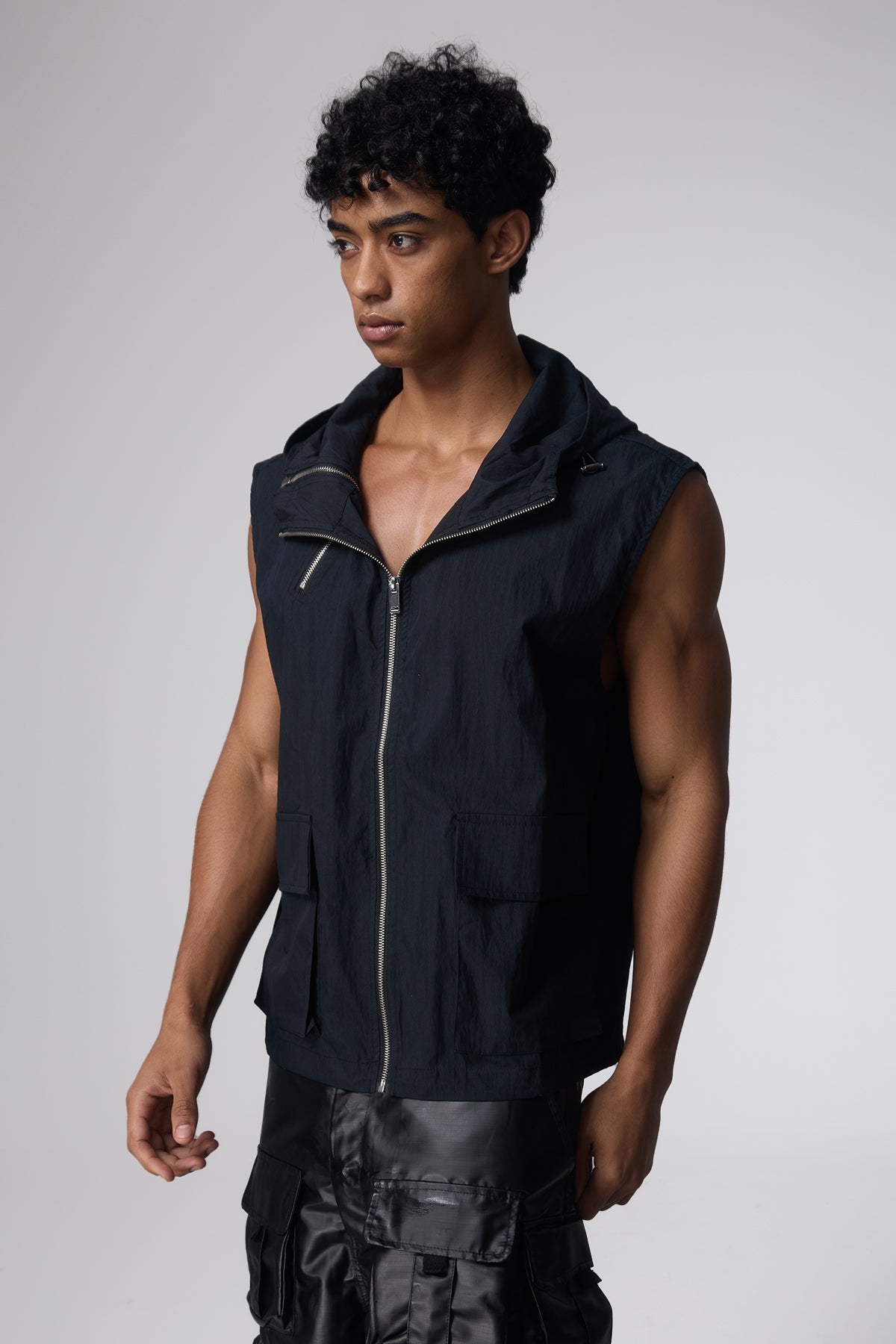 Flat Tone Sleeveless Hooded Vest