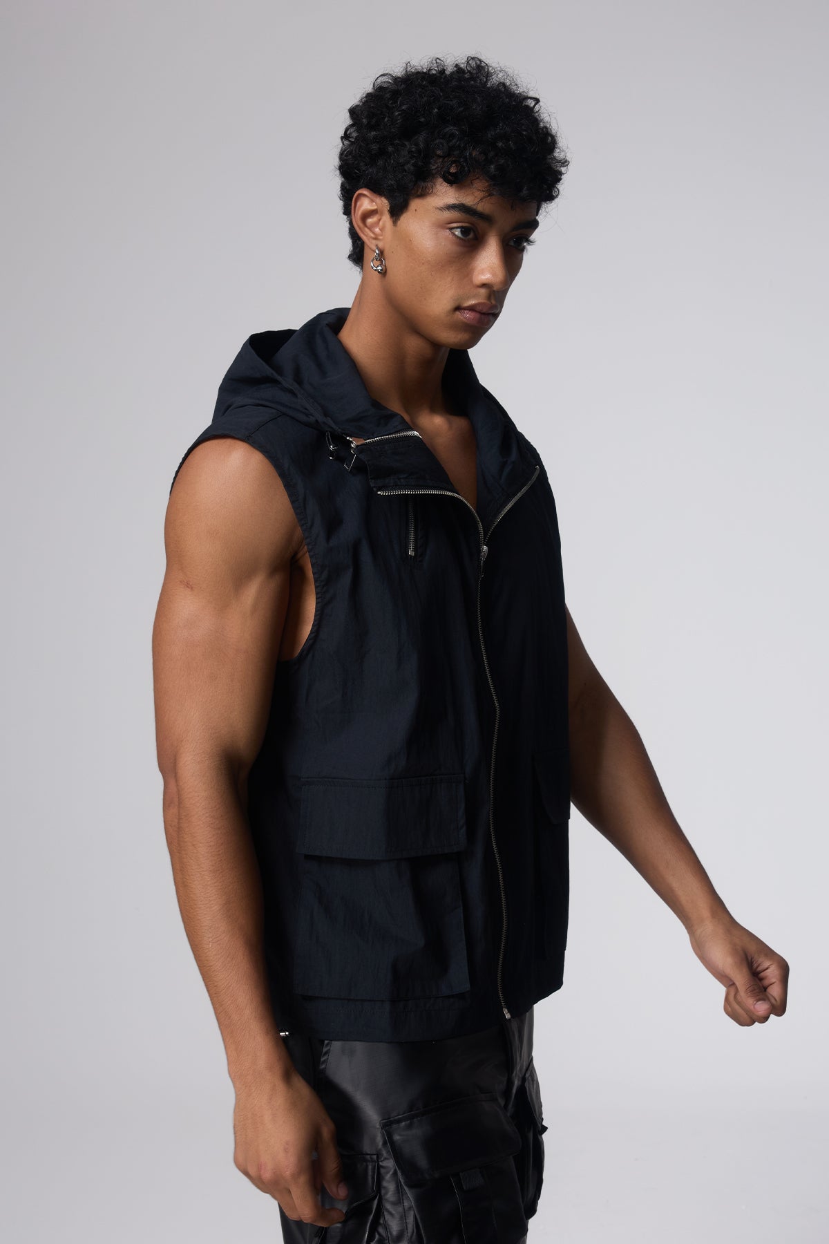 Flat Tone Sleeveless Hooded Vest