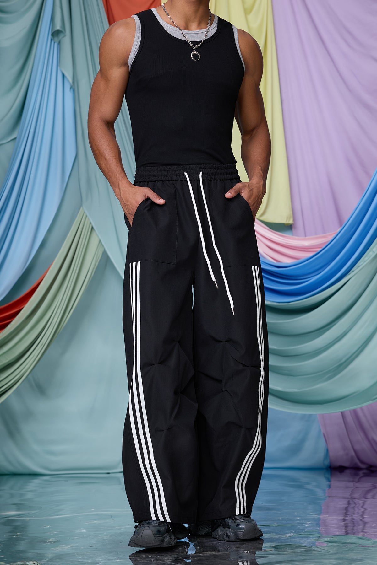 Fluid Layer Stripe Wide Leg Pants