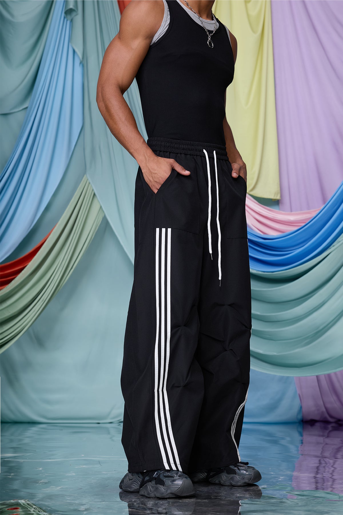 Fluid Layer Stripe Wide Leg Pants