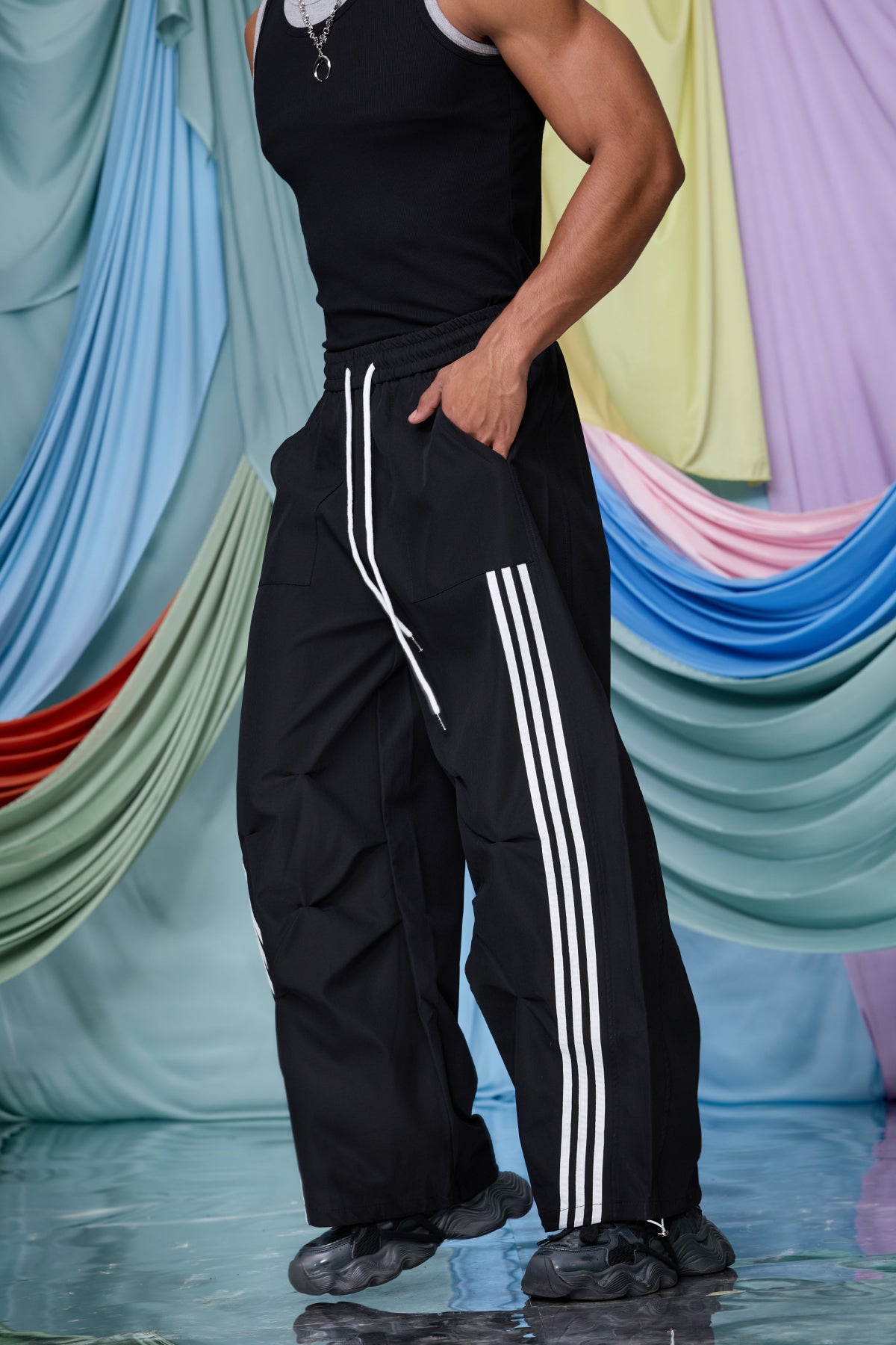 Fluid Layer Stripe Wide Leg Pants