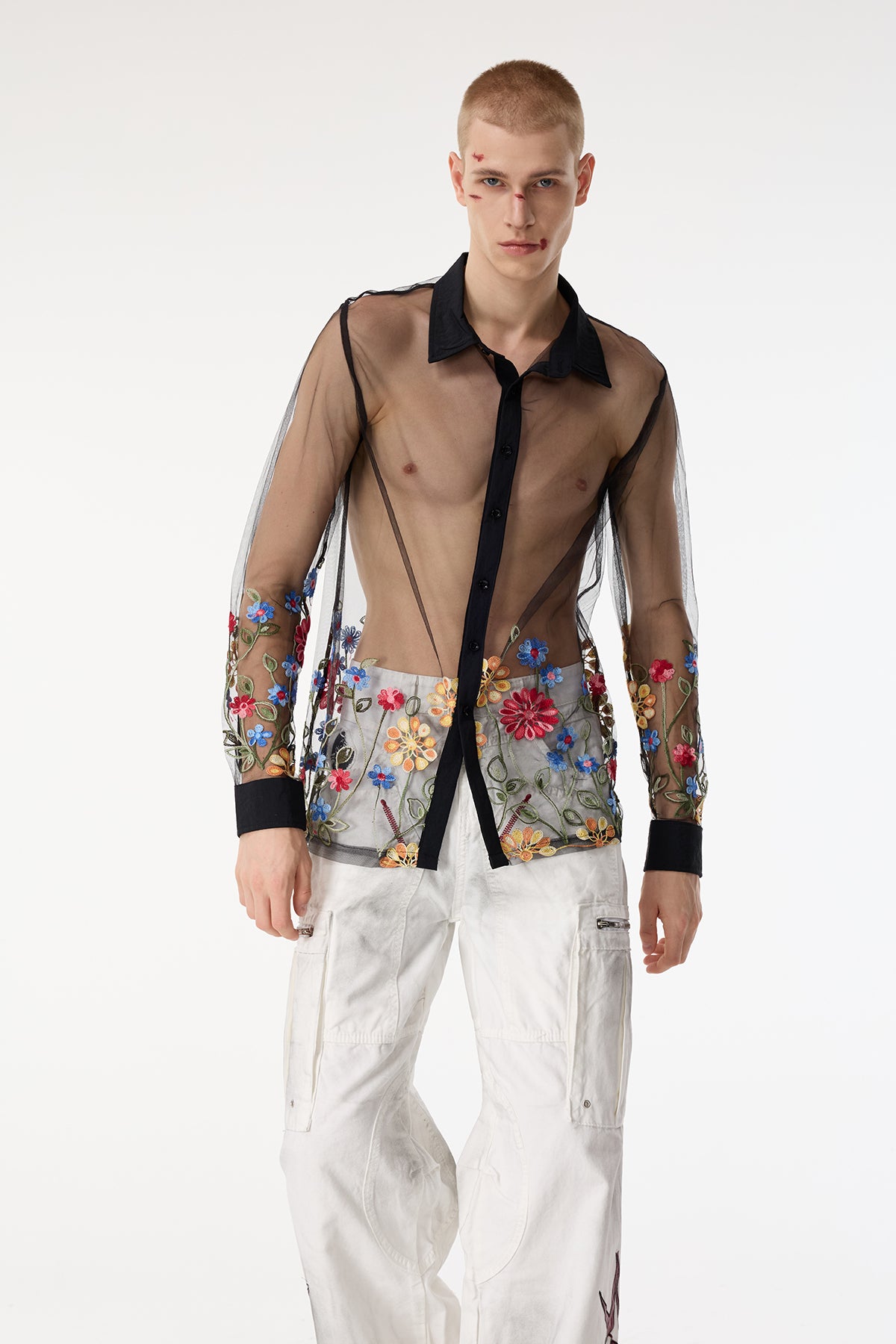 Form Layer Mesh Embroidered Floral Shirts