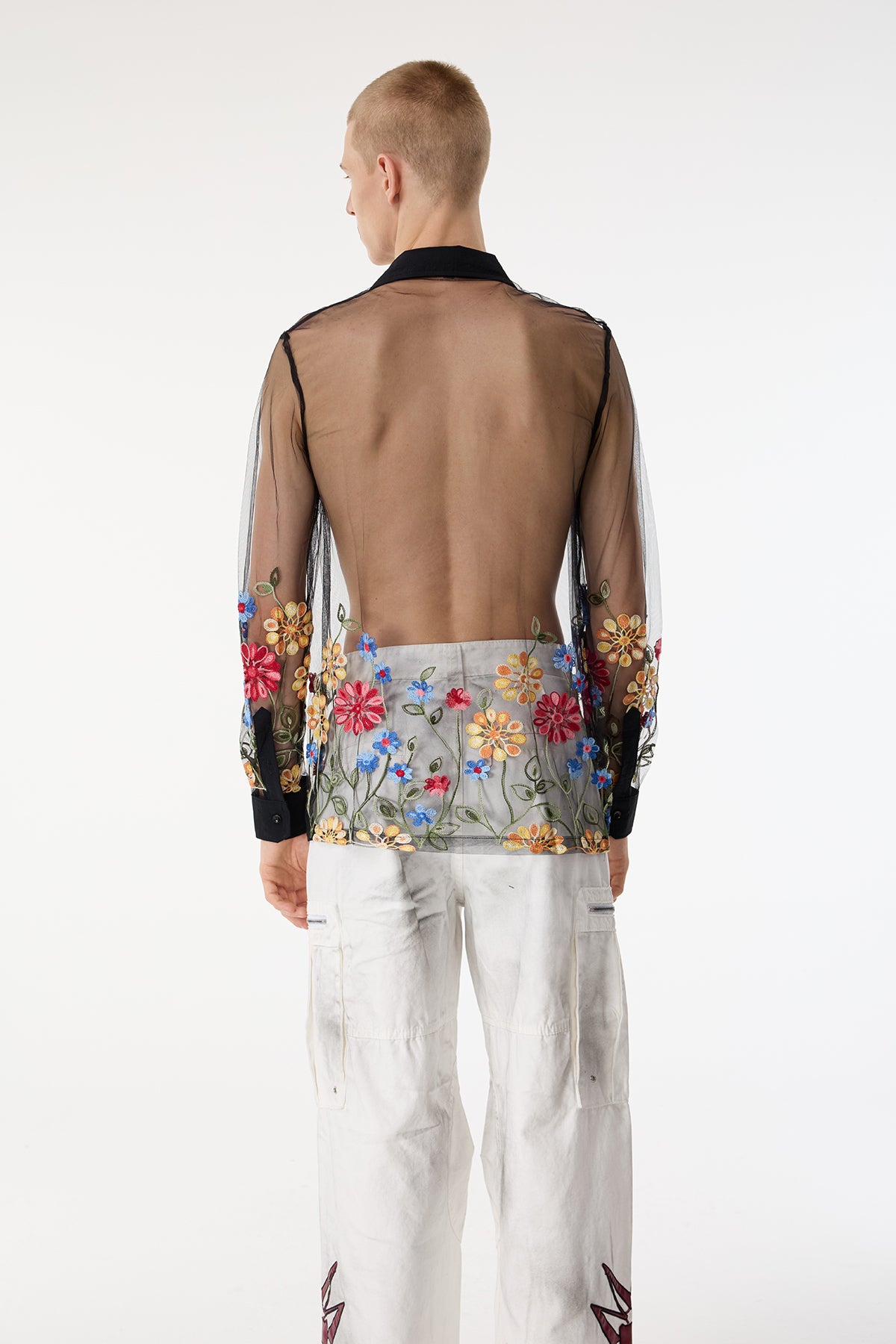 Form Layer Mesh Embroidered Floral Shirts