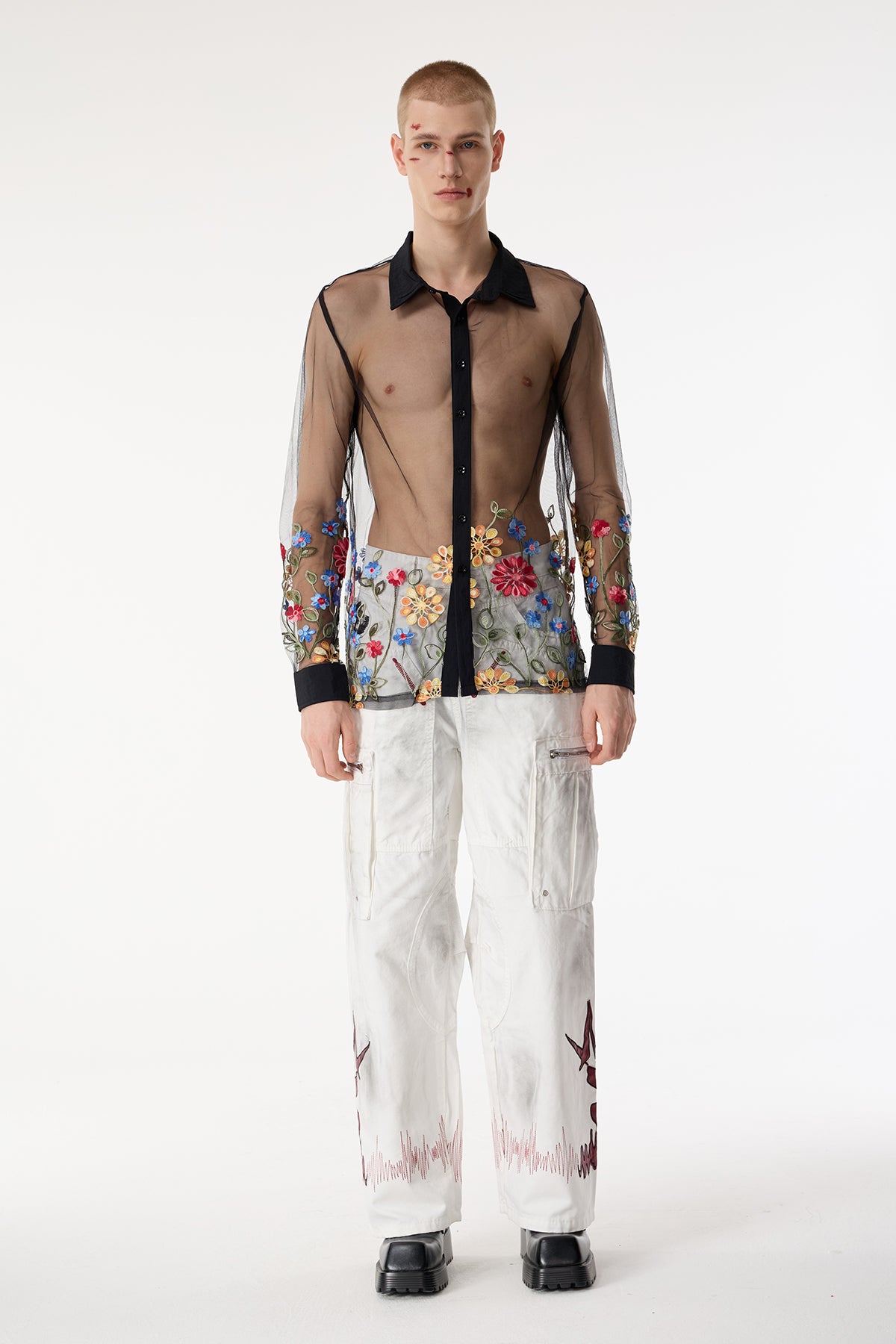 Form Layer Mesh Embroidered Floral Shirts