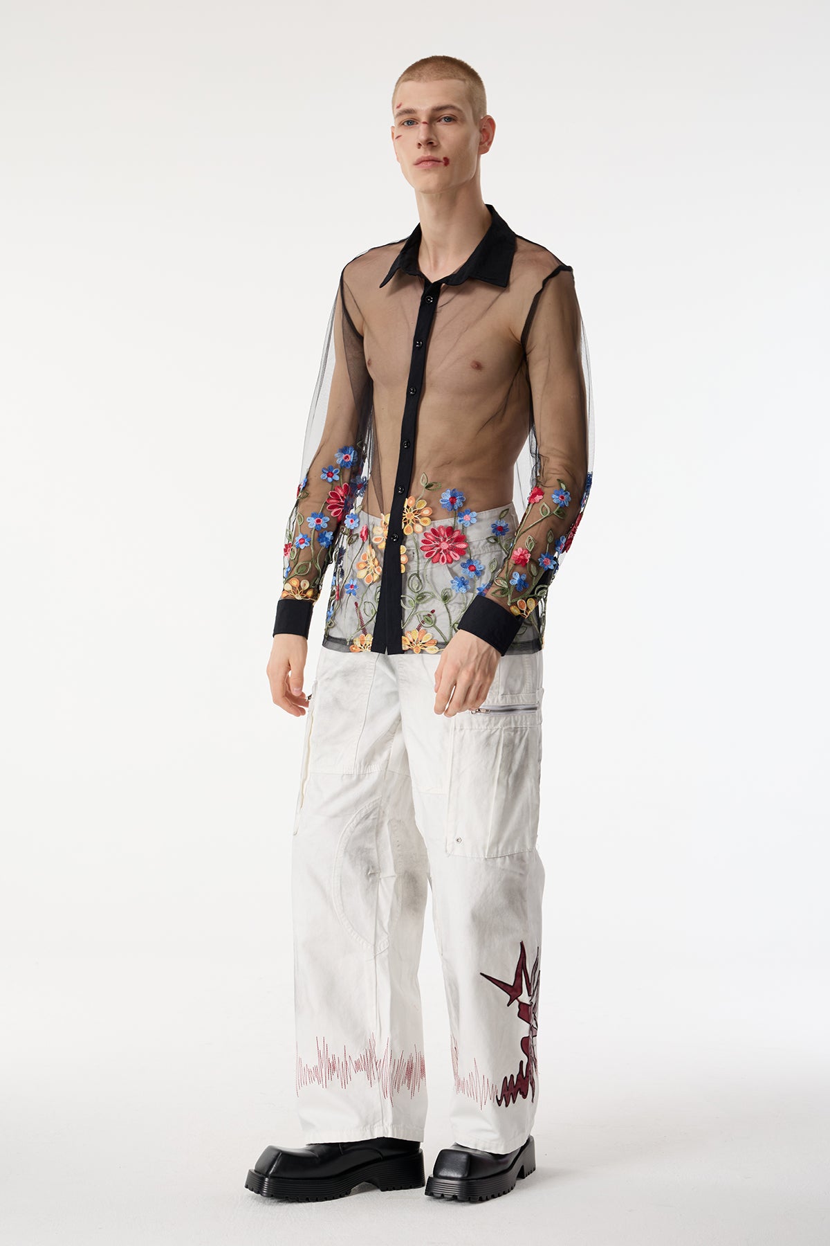 Form Layer Mesh Embroidered Floral Shirts