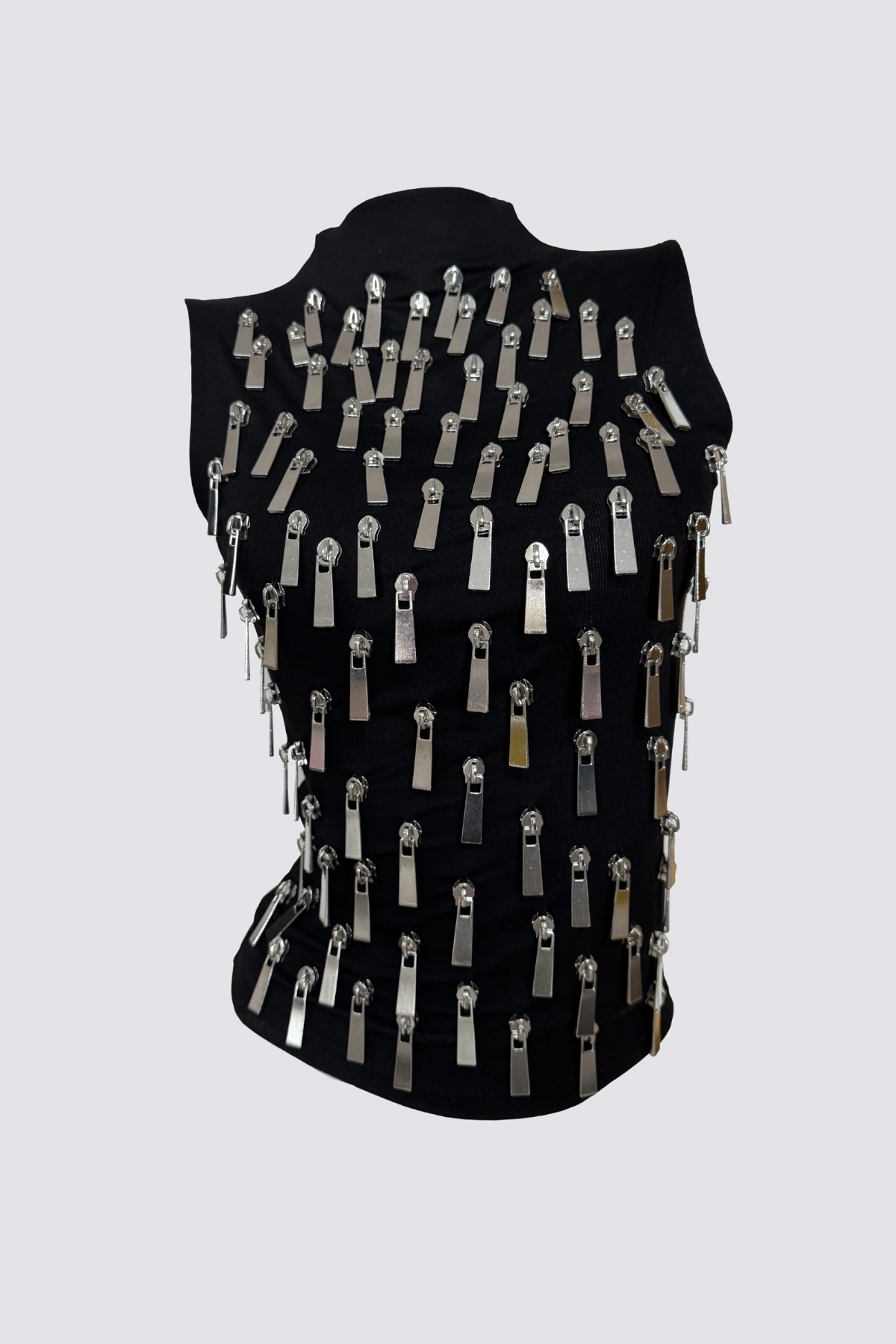 Fossil Noir High Neck Zipper Embellished Tank Top