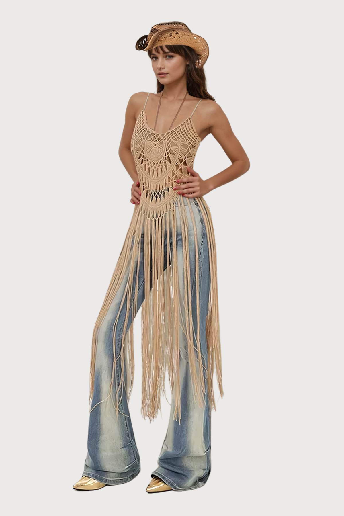 Frame Back Fringe Cutout Midi Dress Beige