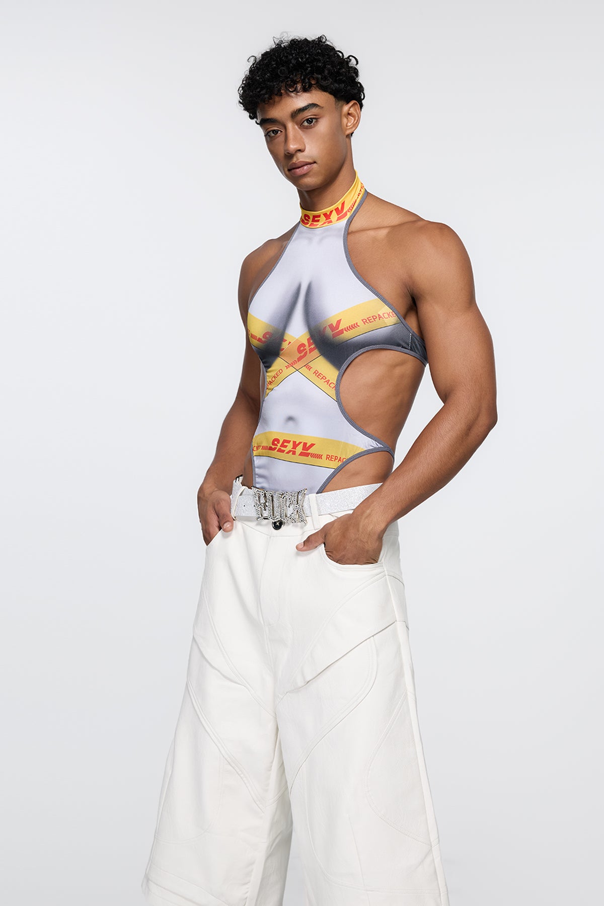 Fused Line Cutout Print Halterneck Bodysuit