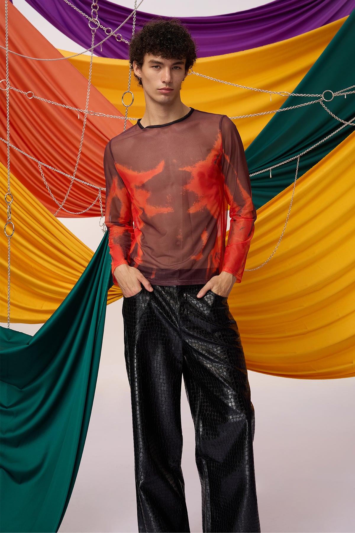 Fused Presence Long Sleeve Print Mesh Top Black