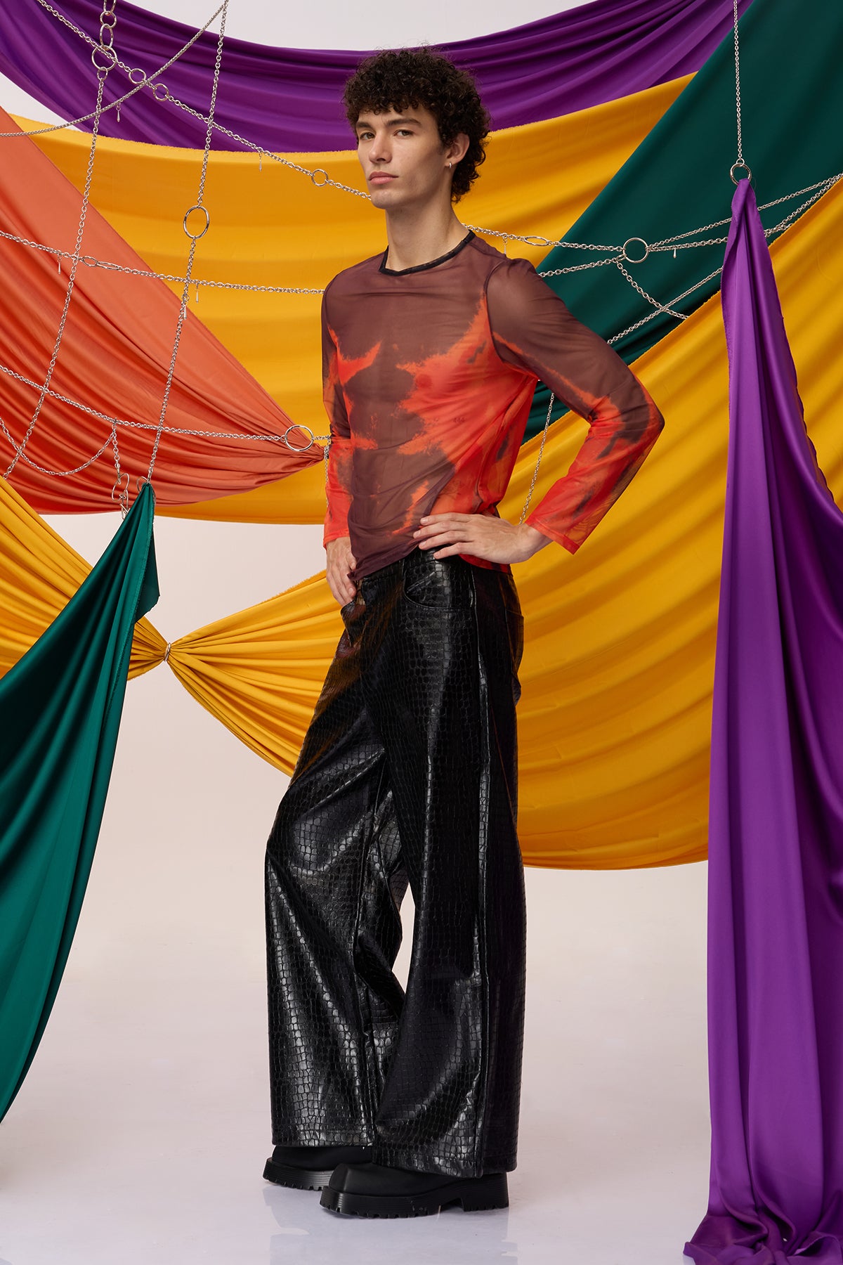 Fused Presence Long Sleeve Print Mesh Top Black