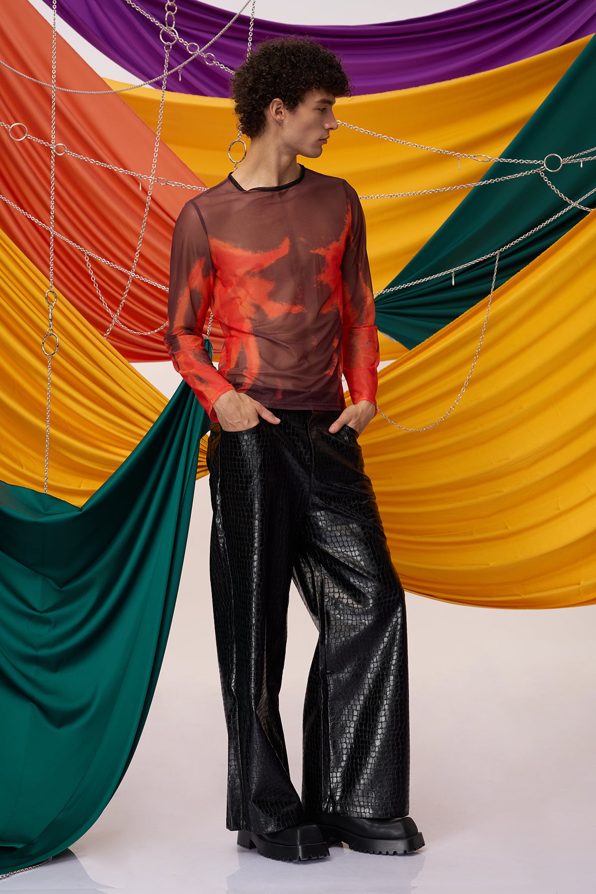 Fused Presence Long Sleeve Print Mesh Top Black