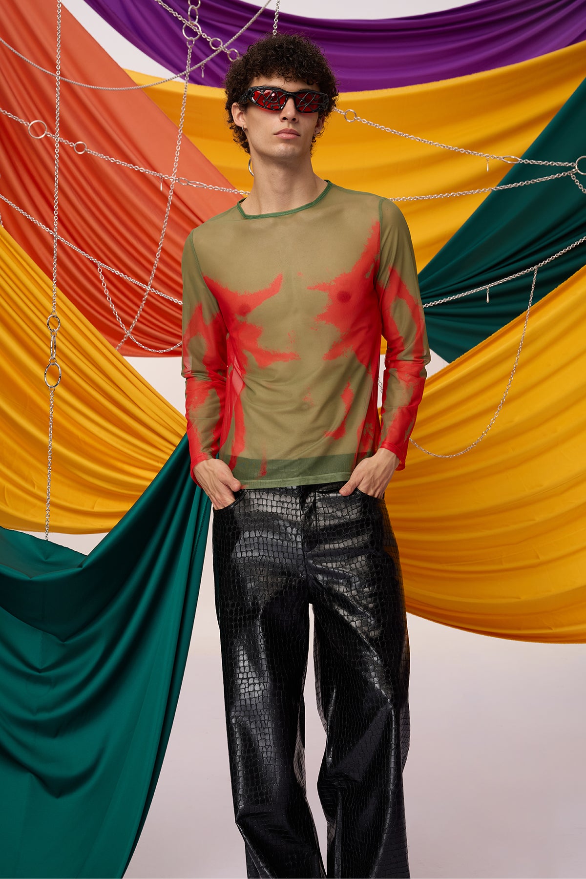Fused Presence Long Sleeve Print Mesh Top Green