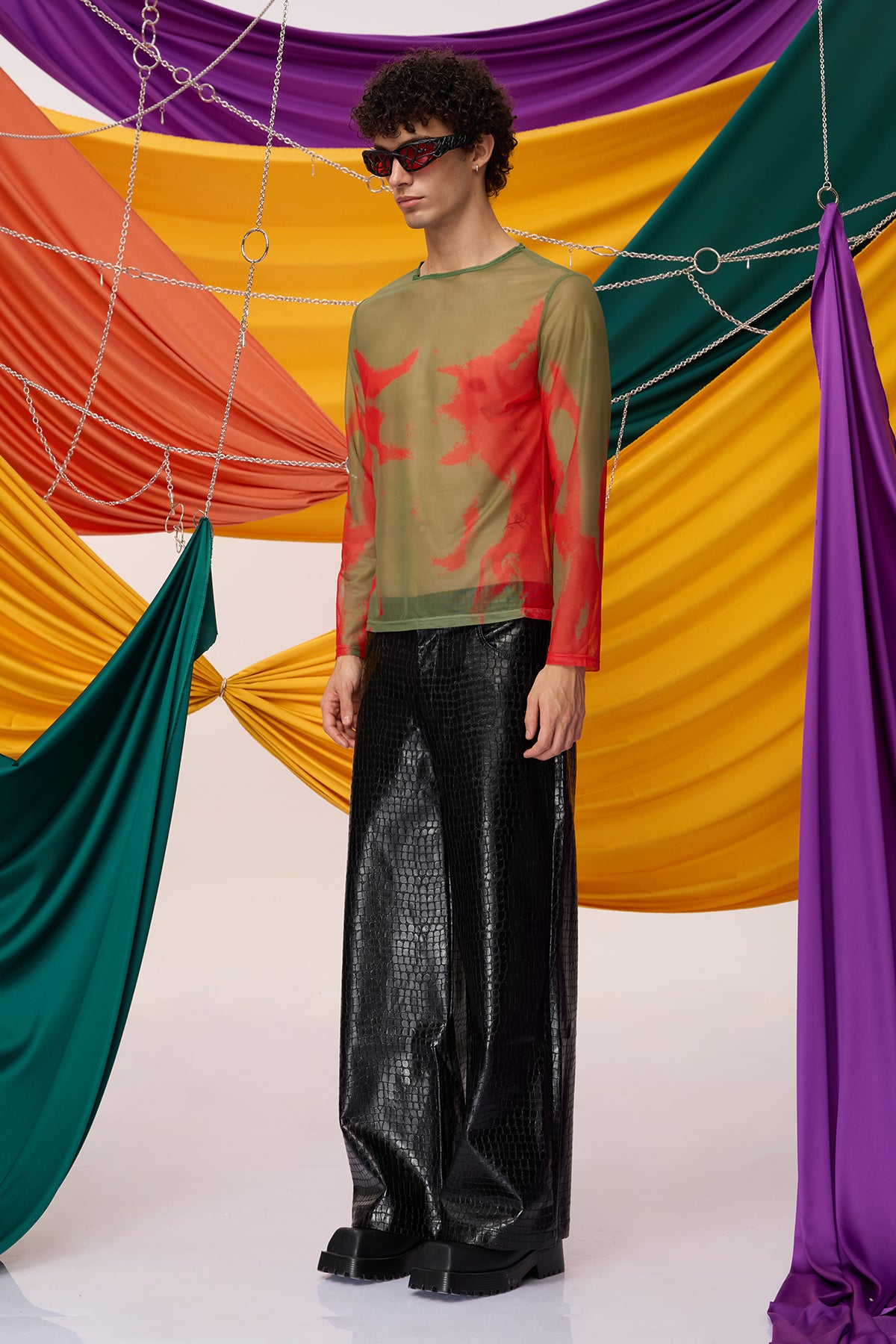 Fused Presence Long Sleeve Print Mesh Top Green