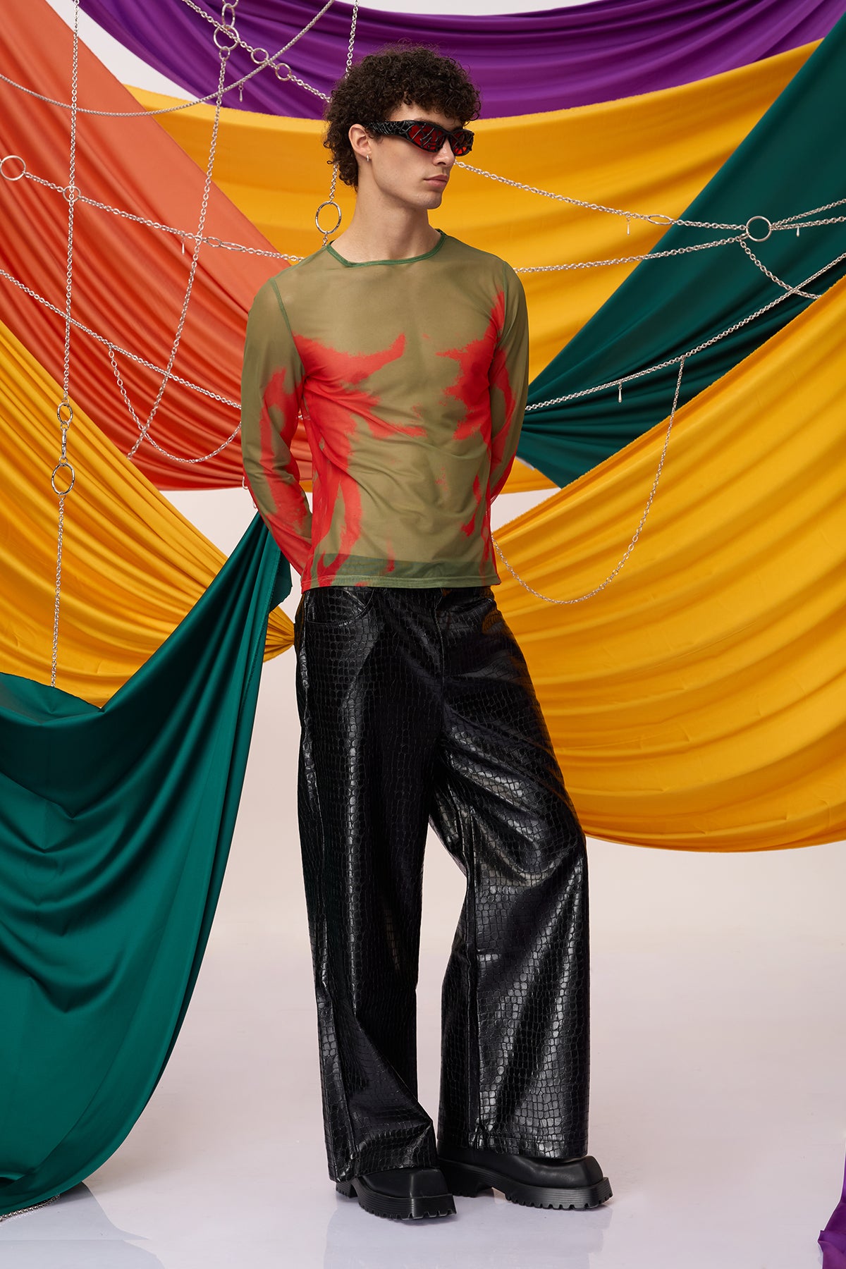 Fused Presence Long Sleeve Print Mesh Top Green