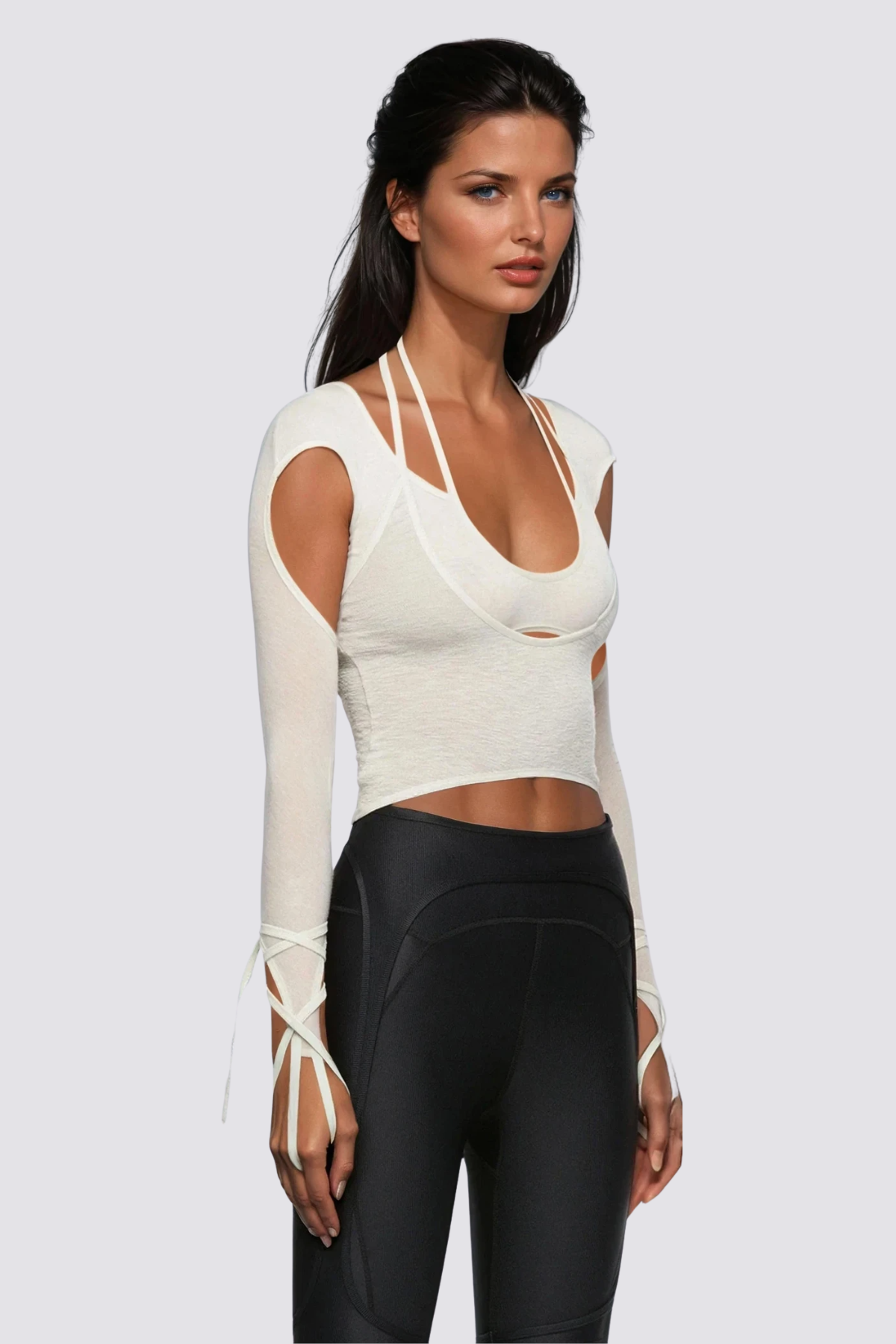 Fusion Grid Long Sleeve Cutout Crop Top