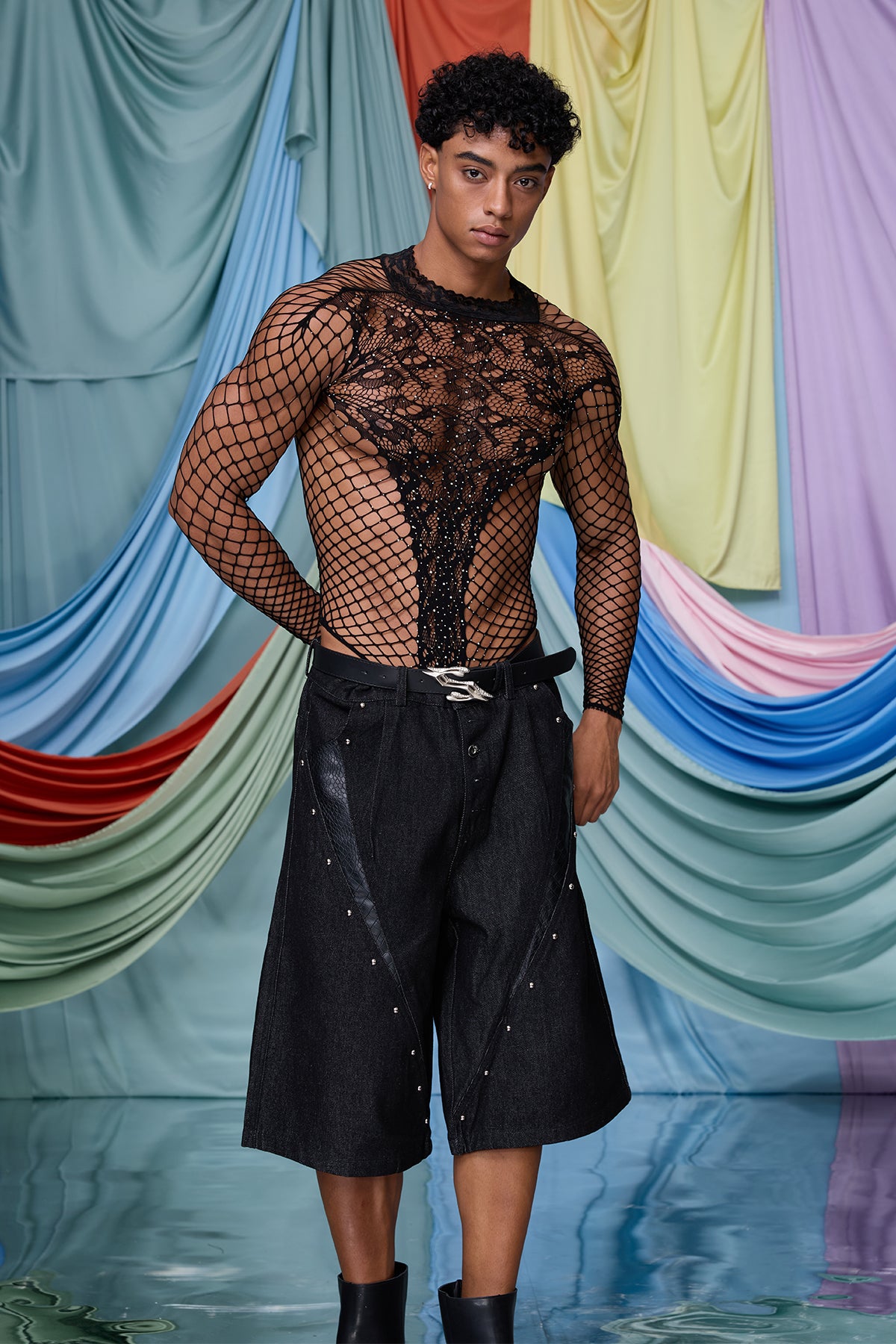 Gentle Obscure Fishnet Lace Long Sleeve Bodysuit Black