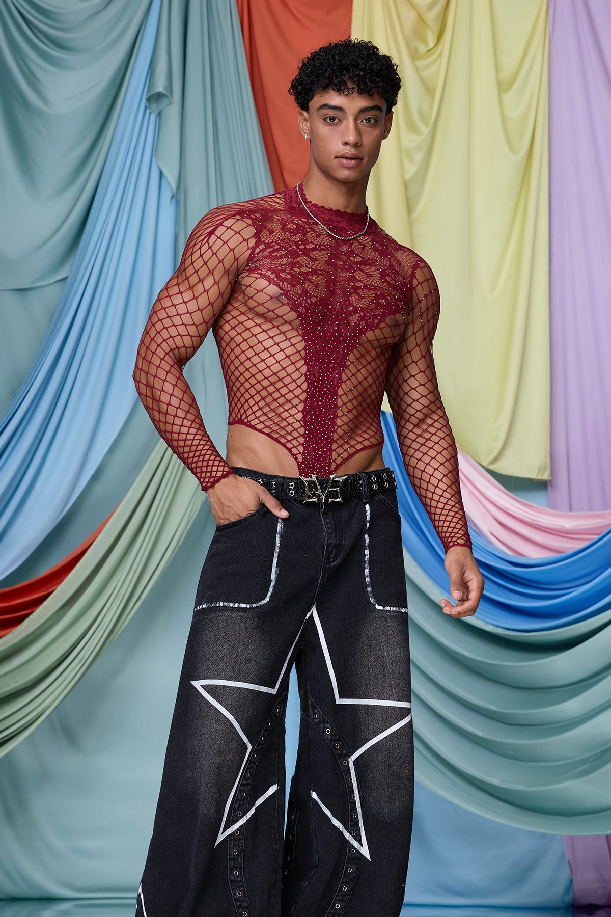 Gentle Obscure Fishnet Lace Long Sleeve Bodysuit