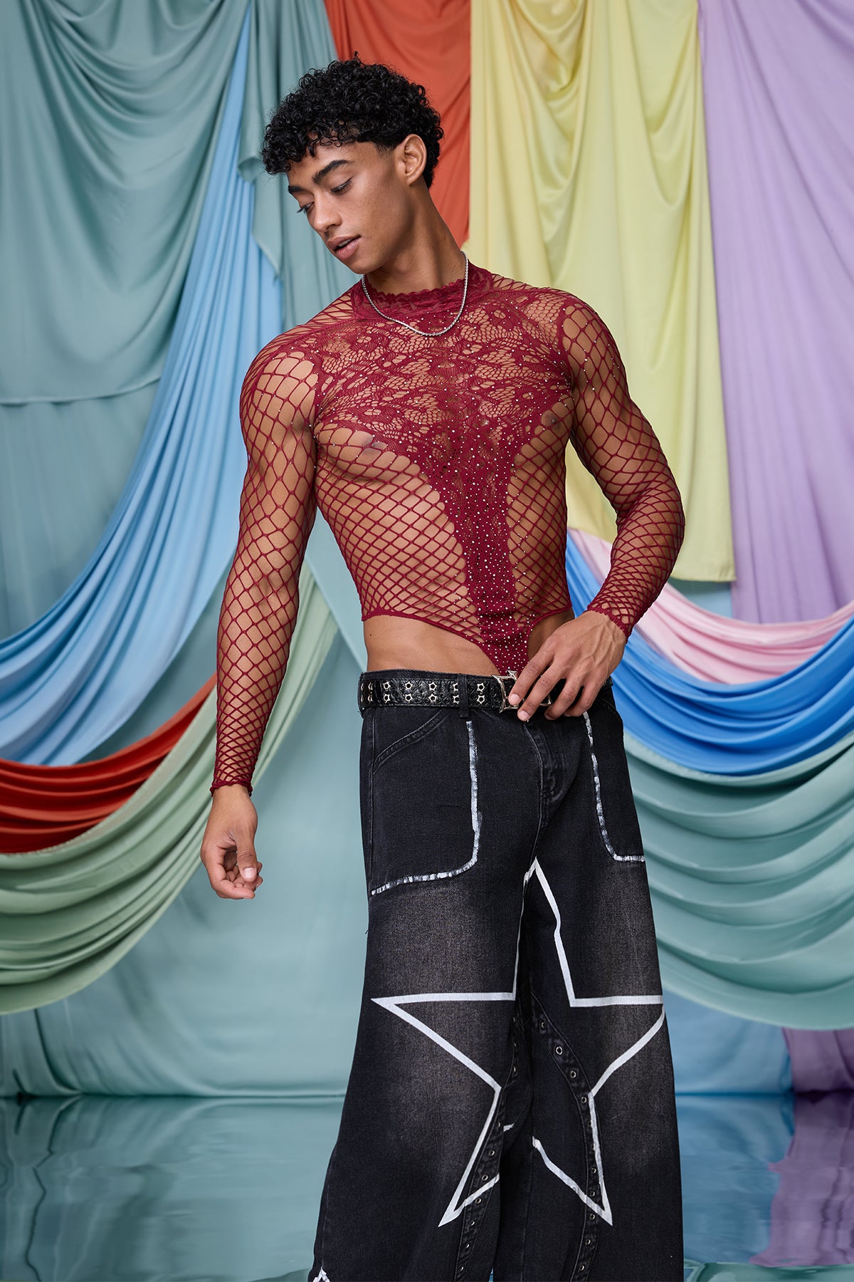 Gentle Obscure Fishnet Lace Long Sleeve Bodysuit