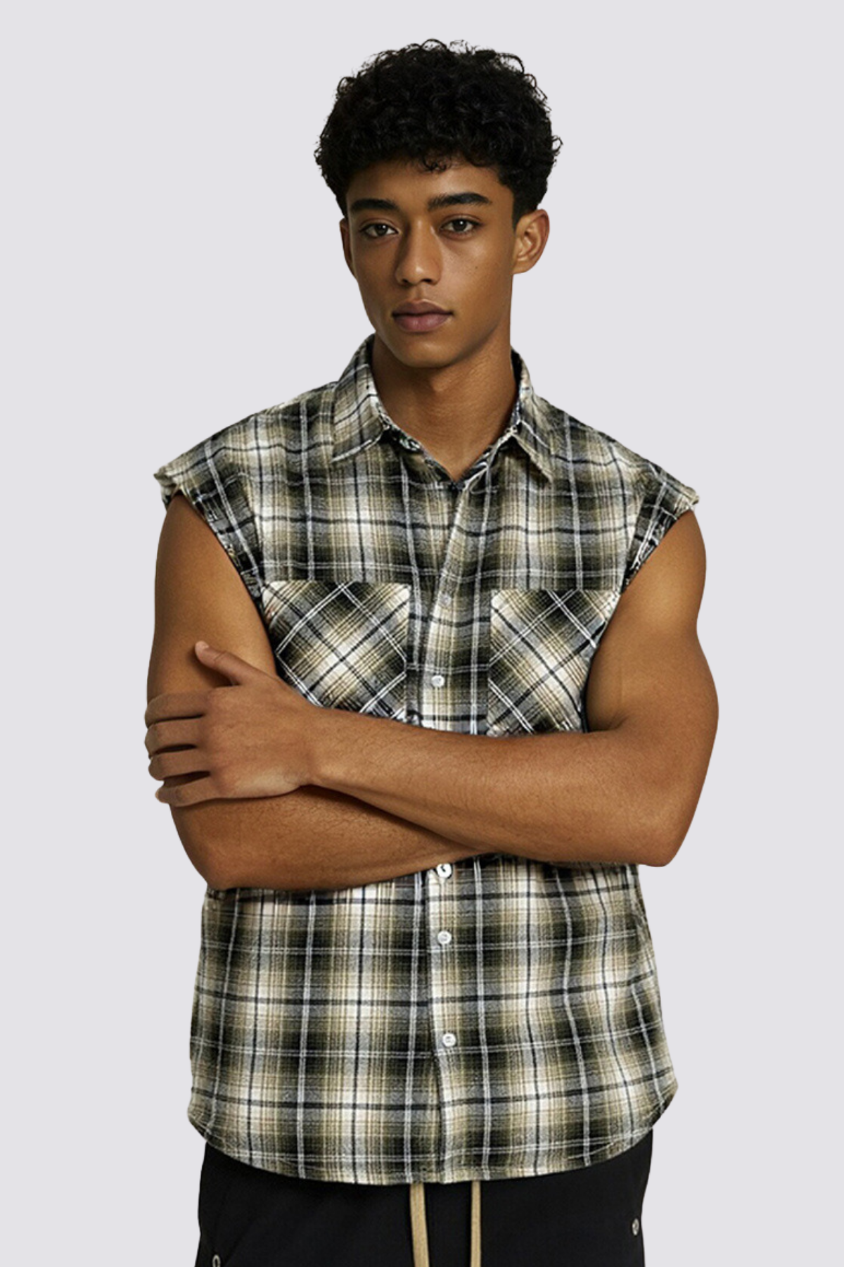 Ghost Fold Mouwloos Geruit Overhemd Groen