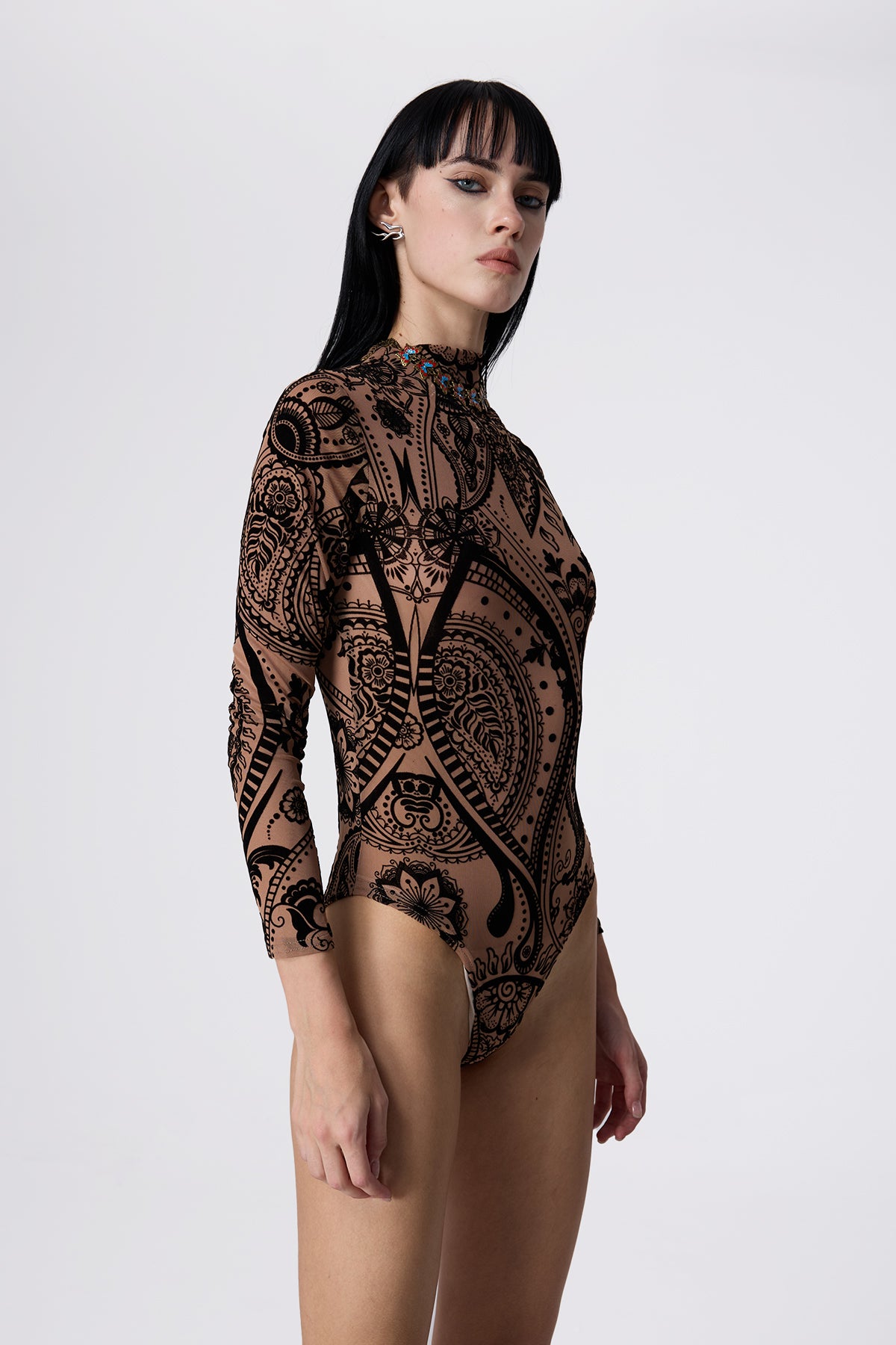 Ghost Wave Long Sleeve Print Mesh Bodysuit