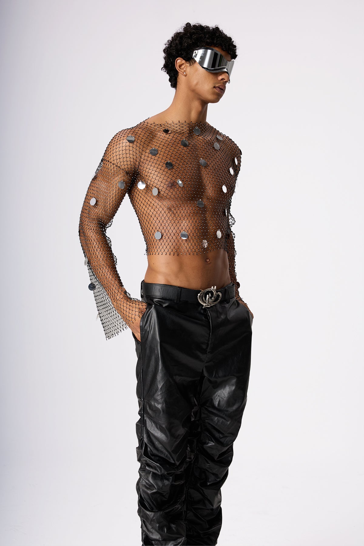 Glimmer Burst Long Sleeve Rhinestone Mesh Crop Top