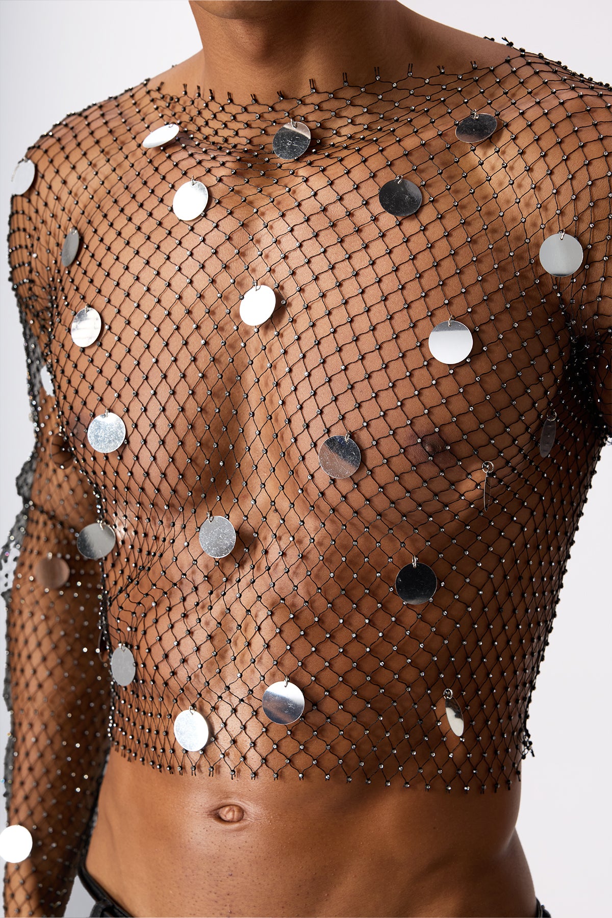 Glimmer Burst Long Sleeve Rhinestone Mesh Crop Top