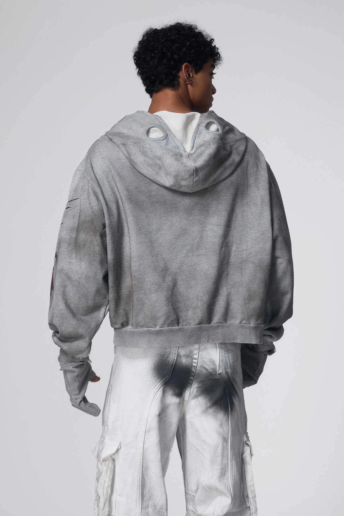 Glitch Wave Detachable Dirty Dye Gloves Hoodie