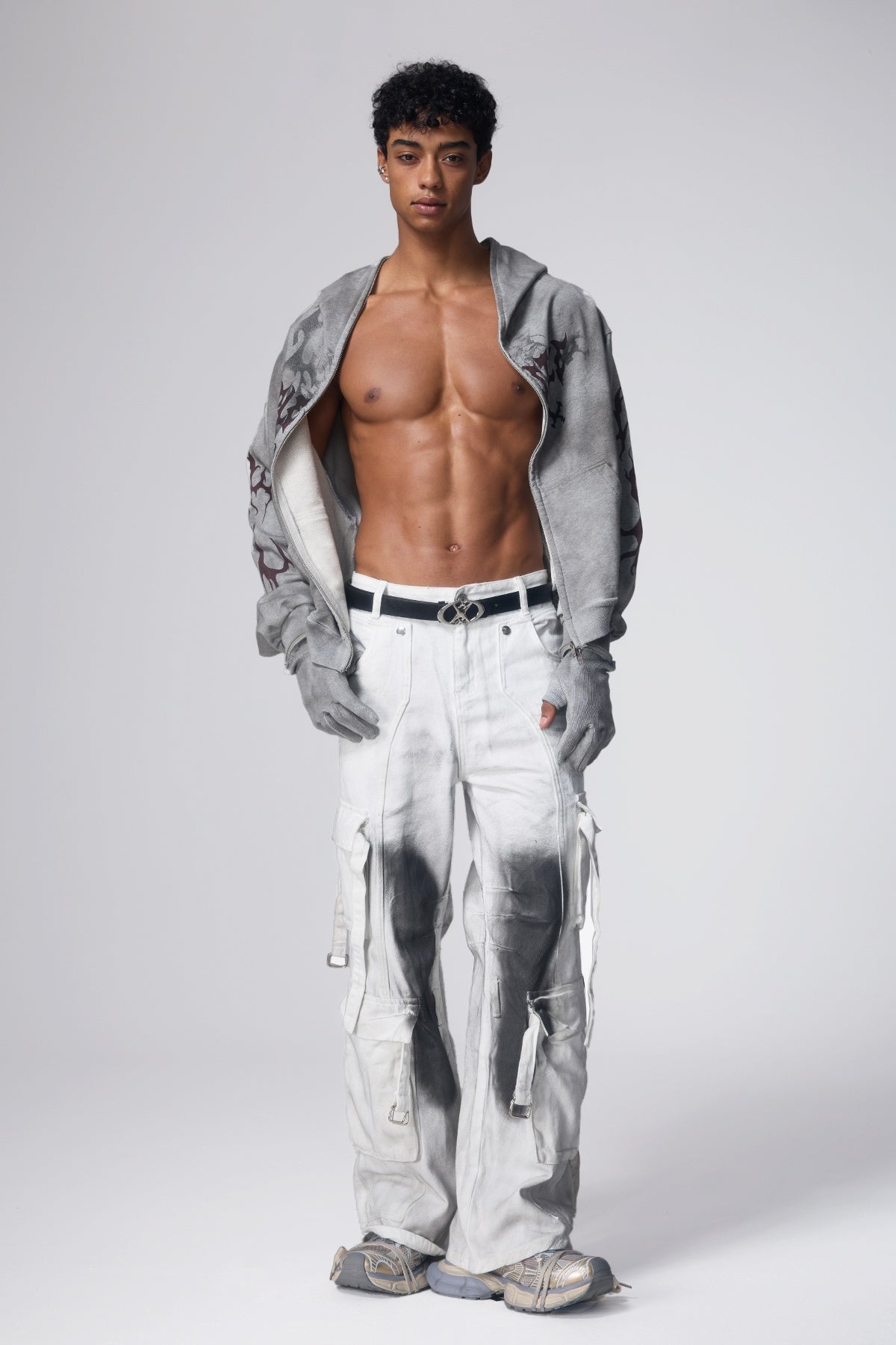 Glitch Wave Detachable Dirty Dye Gloves Hoodie