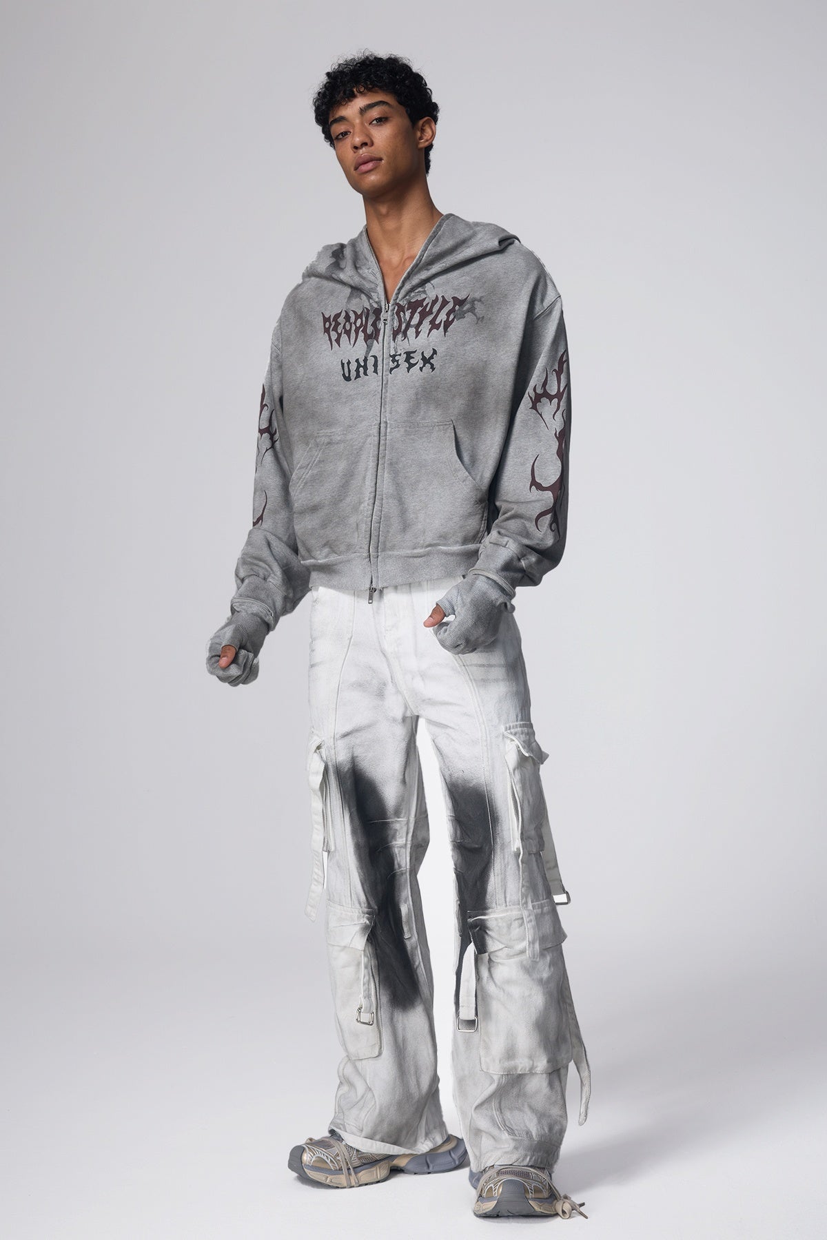 Glitch Wave Detachable Dirty Dye Gloves Hoodie