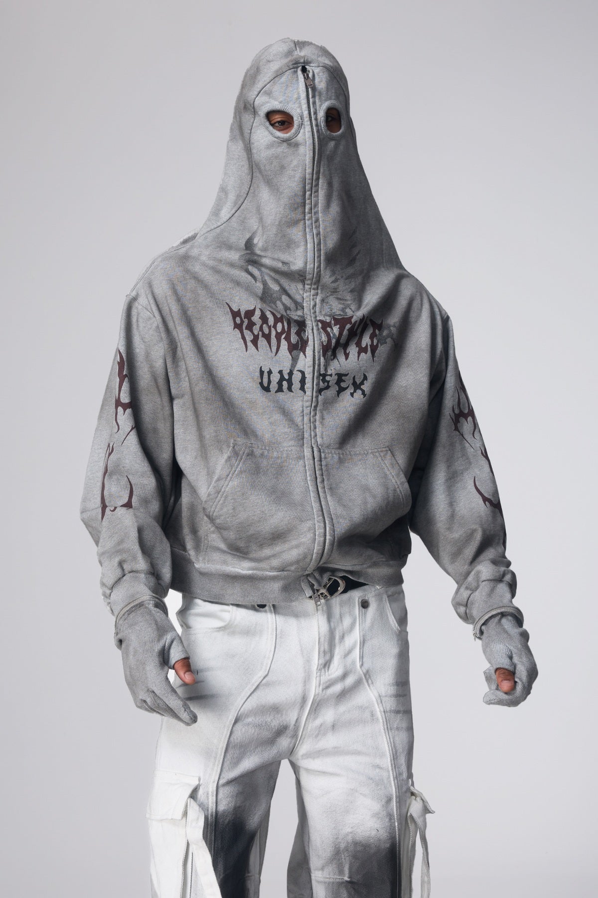 Glitch Wave Detachable Dirty Dye Gloves Hoodie