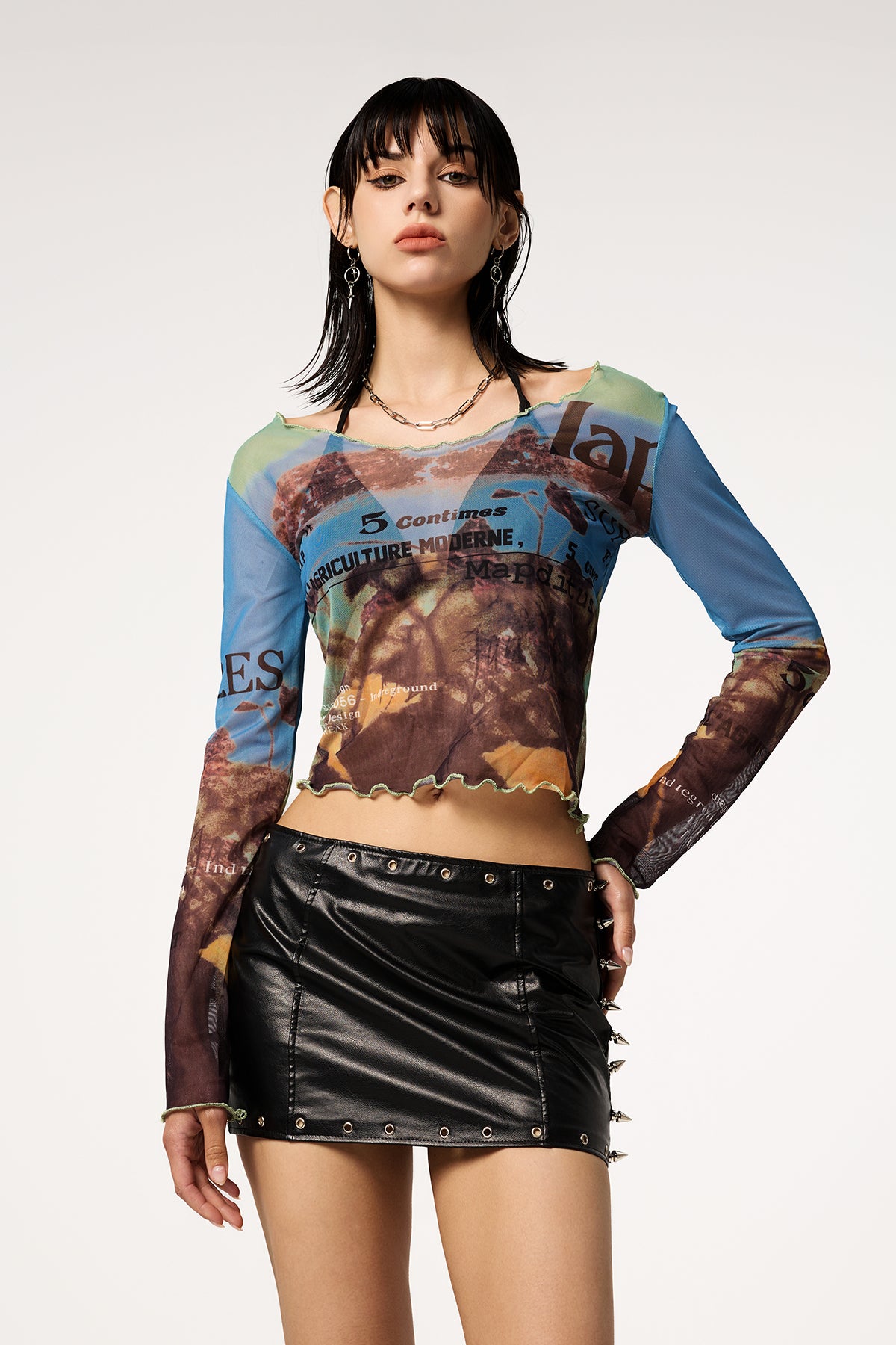 Glitter Pop Long Sleeve Y2K Printed Mesh Top
