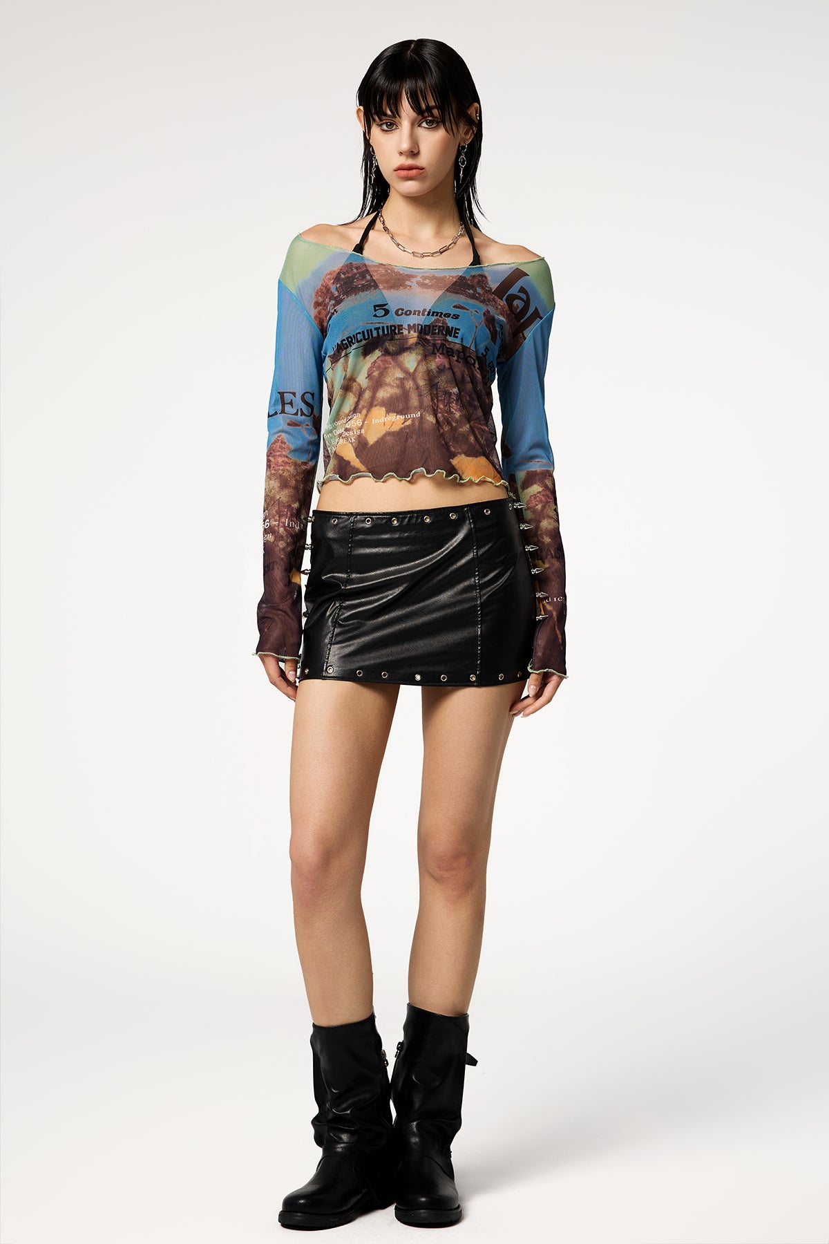 Glitter Pop Long Sleeve Y2K Printed Mesh Top