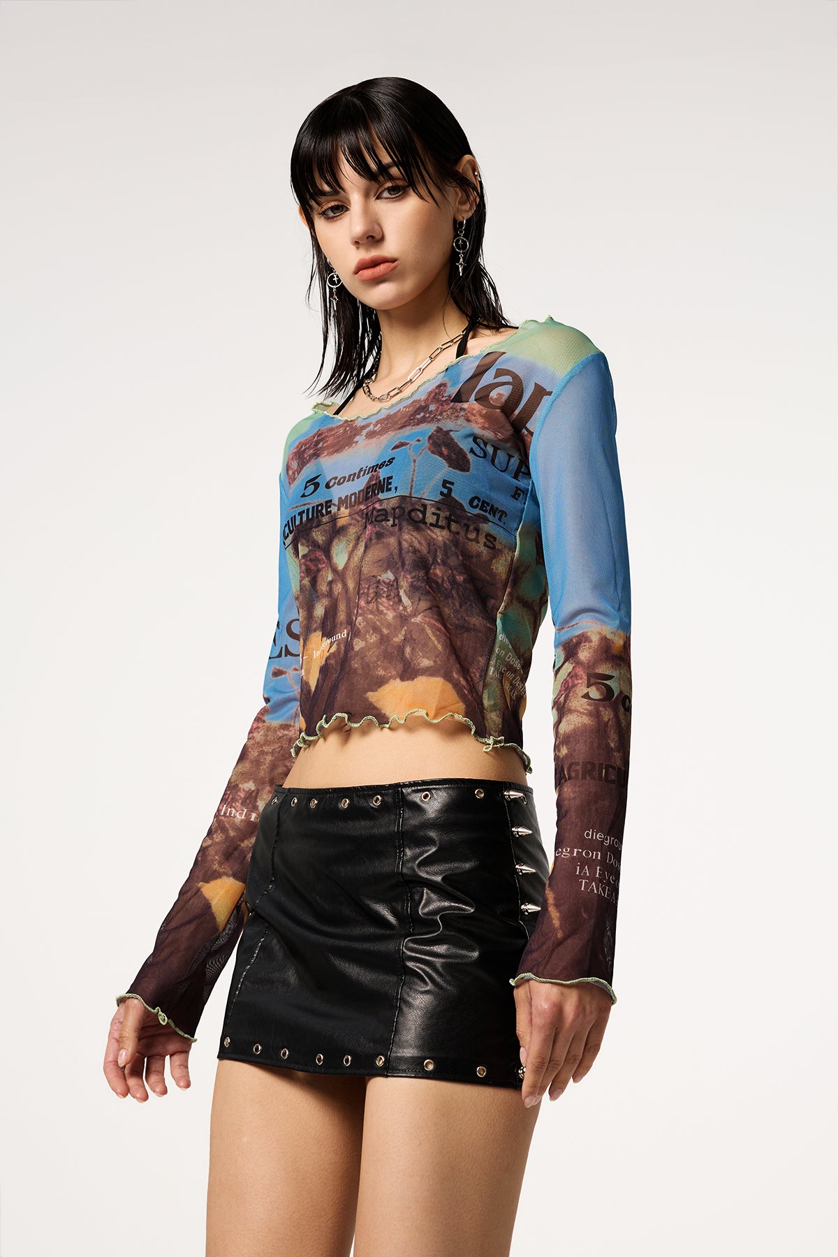Glitter Pop Long Sleeve Y2K Printed Mesh Top