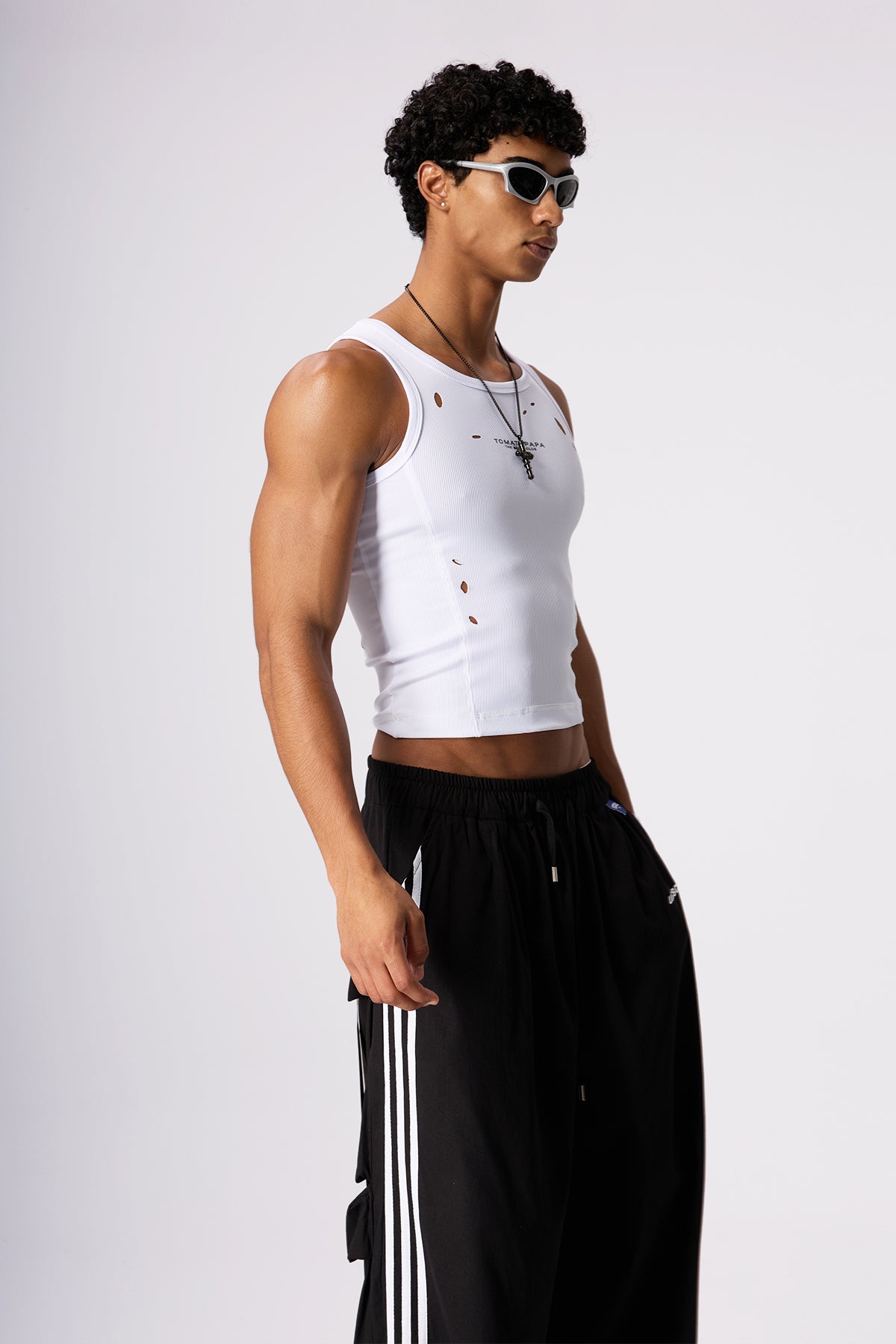 Grey Syntax Ripped Sleeveless Top White – RYVKstudio Grey Syntax Ripped Sleeveless Top White – RYVKstudio