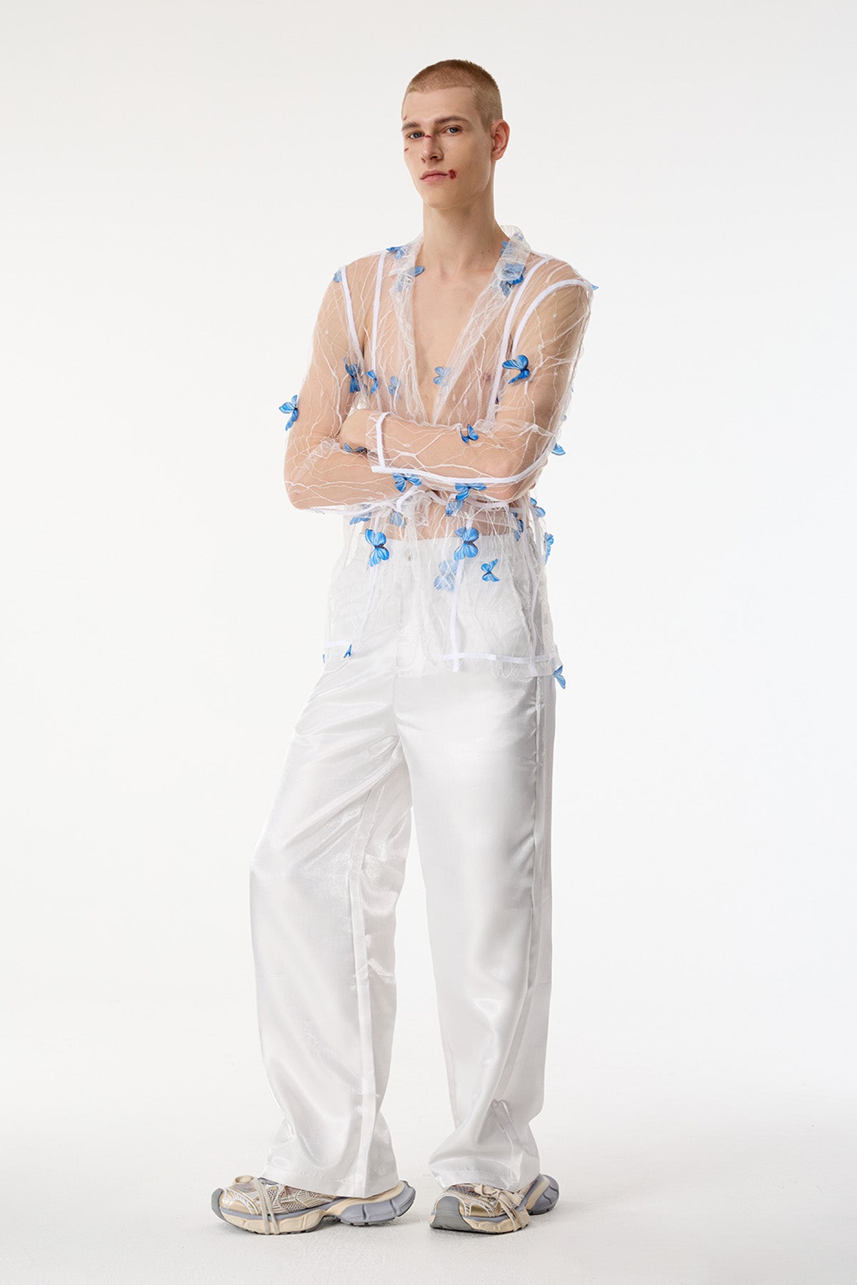 Grid Fusion Butterfly Lace Mesh Jacket