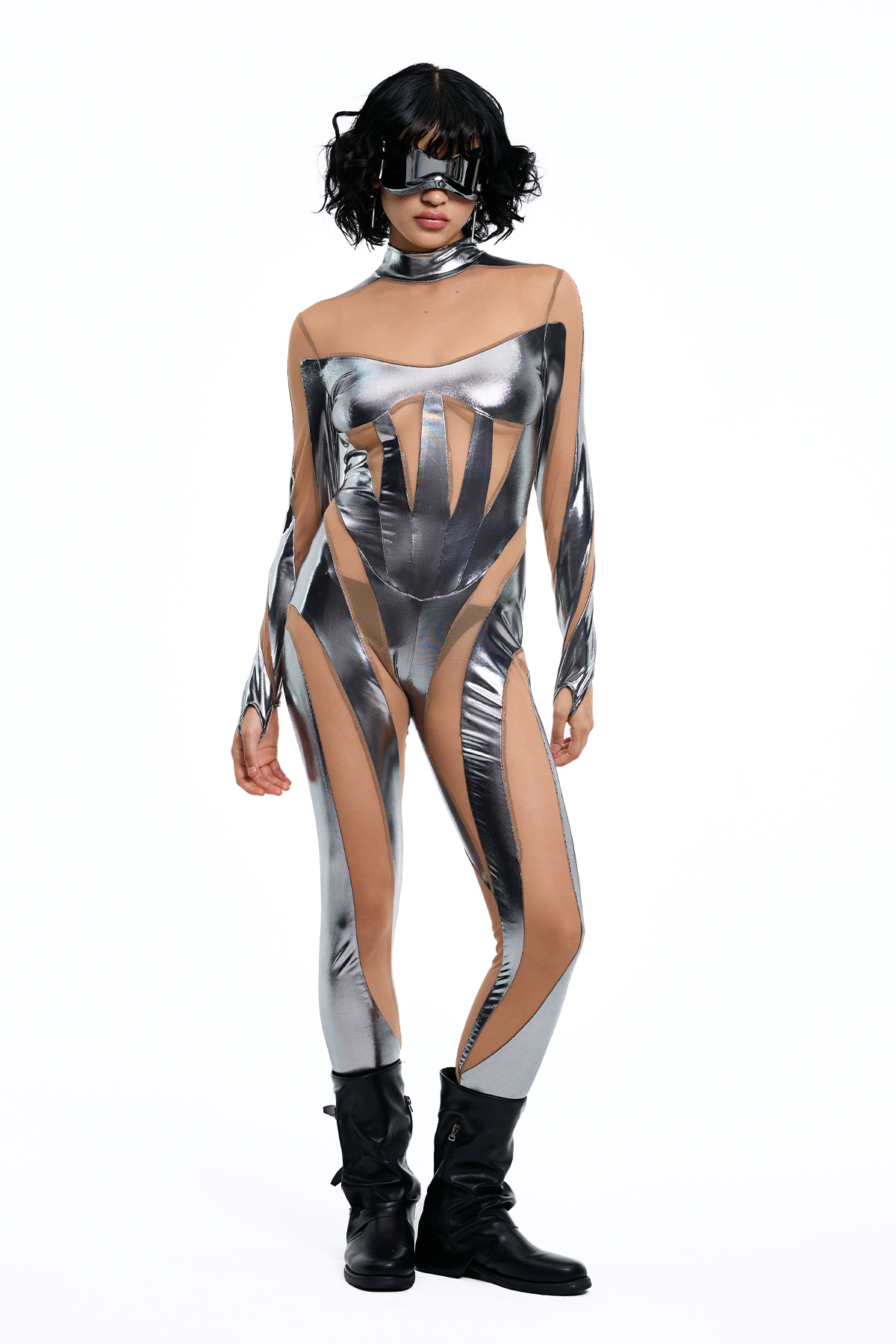 Grid Mood Mesh Long Sleeve Jumpsuit