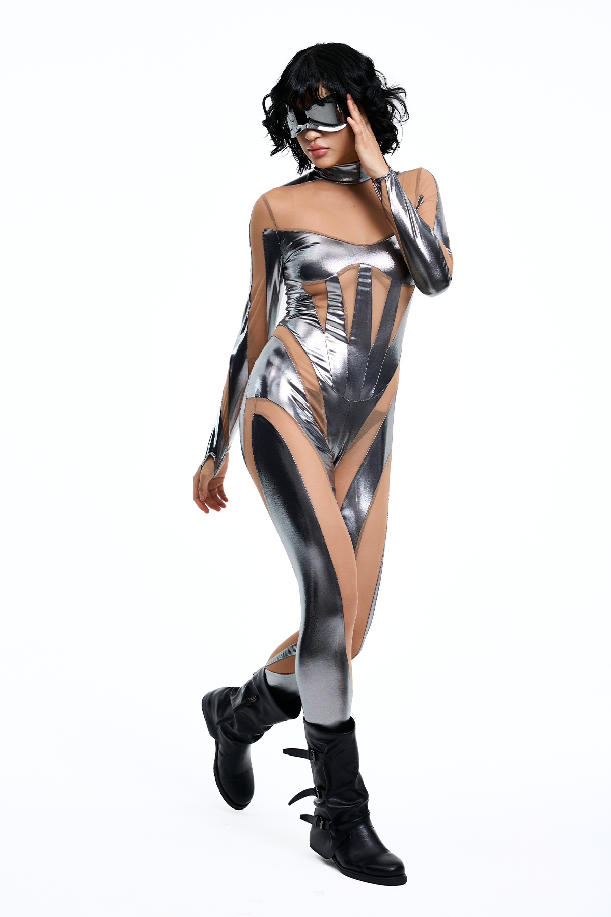 Grid Mood Mesh Long Sleeve Jumpsuit