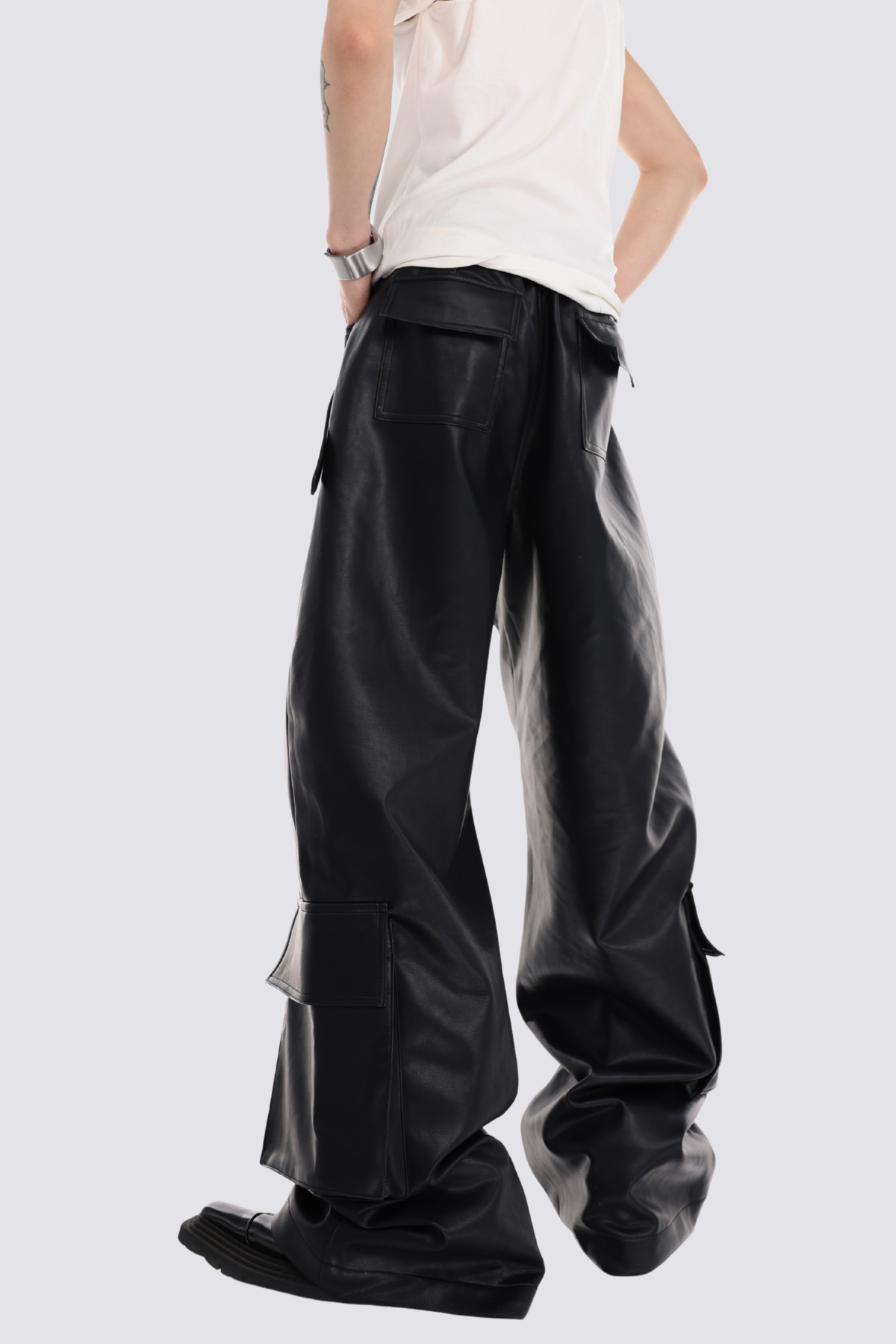 Grid Shadow Wide Leg Leather Pants