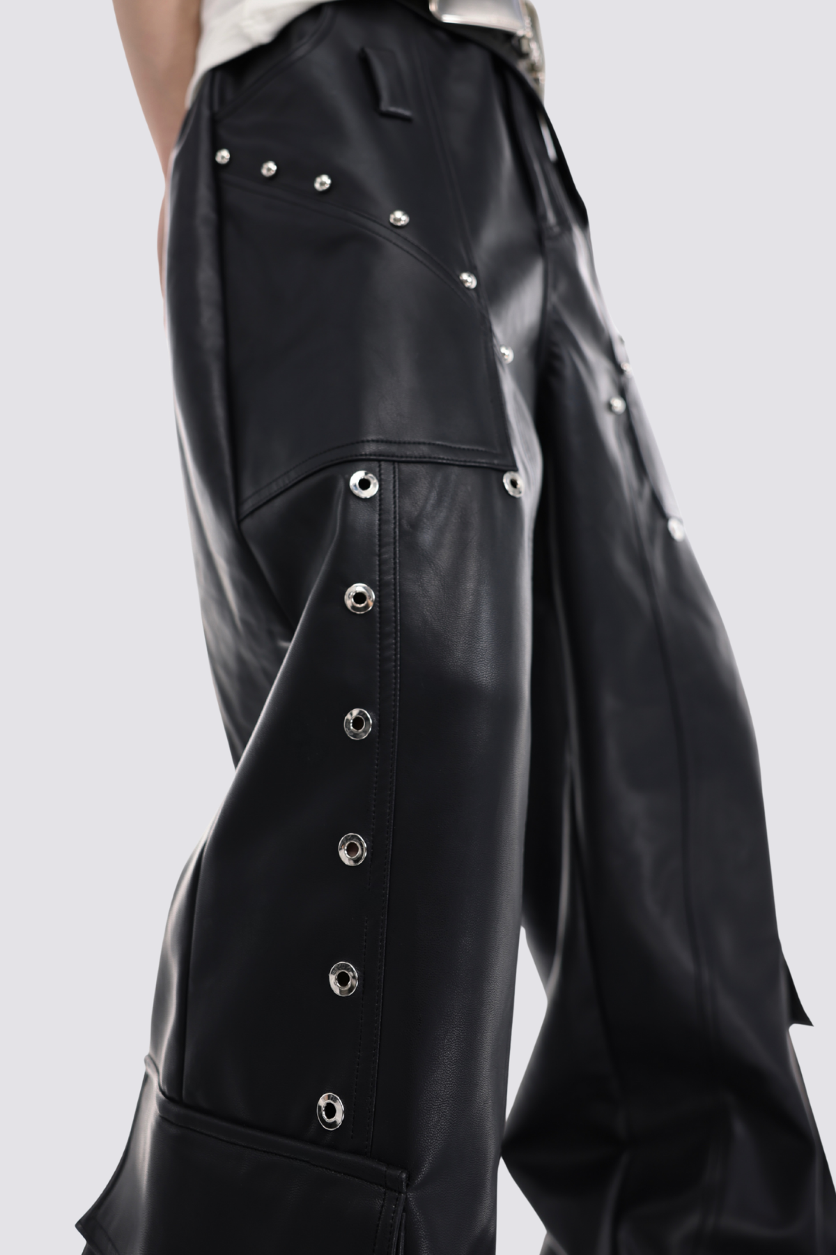 Grid Shadow Wide Leg Leather Pants