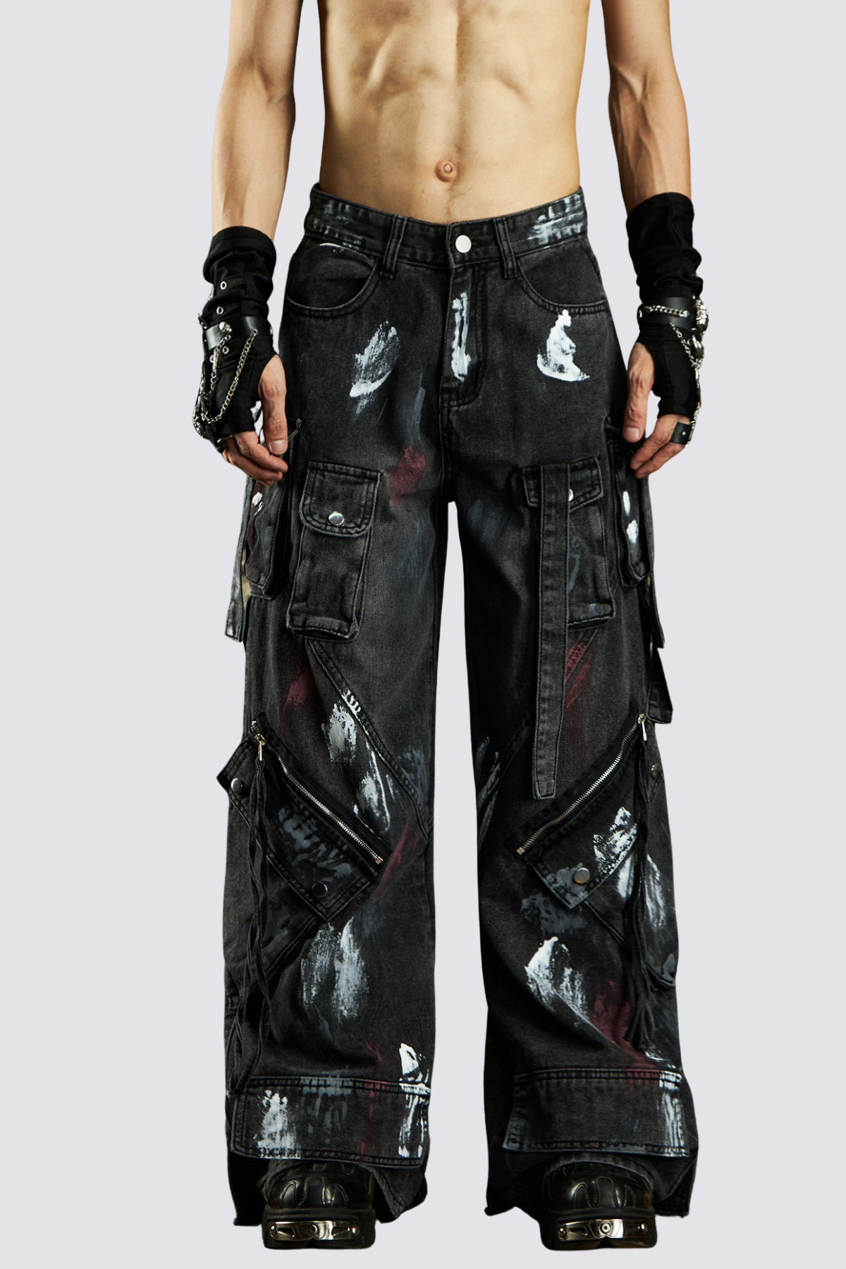 Grid Thread Straight Jeans Black