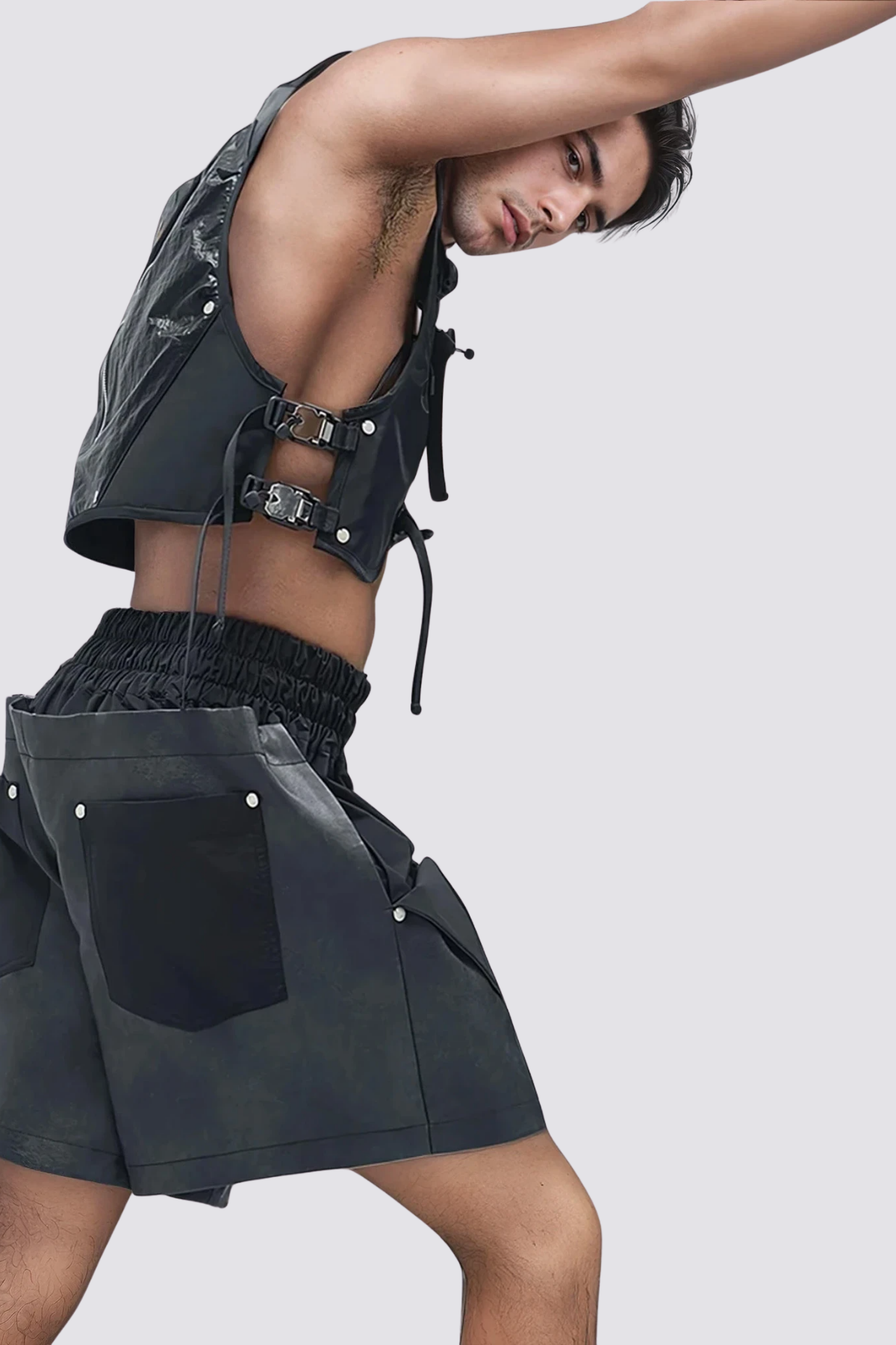 Grid Layer Leather Wide Leg Shorts