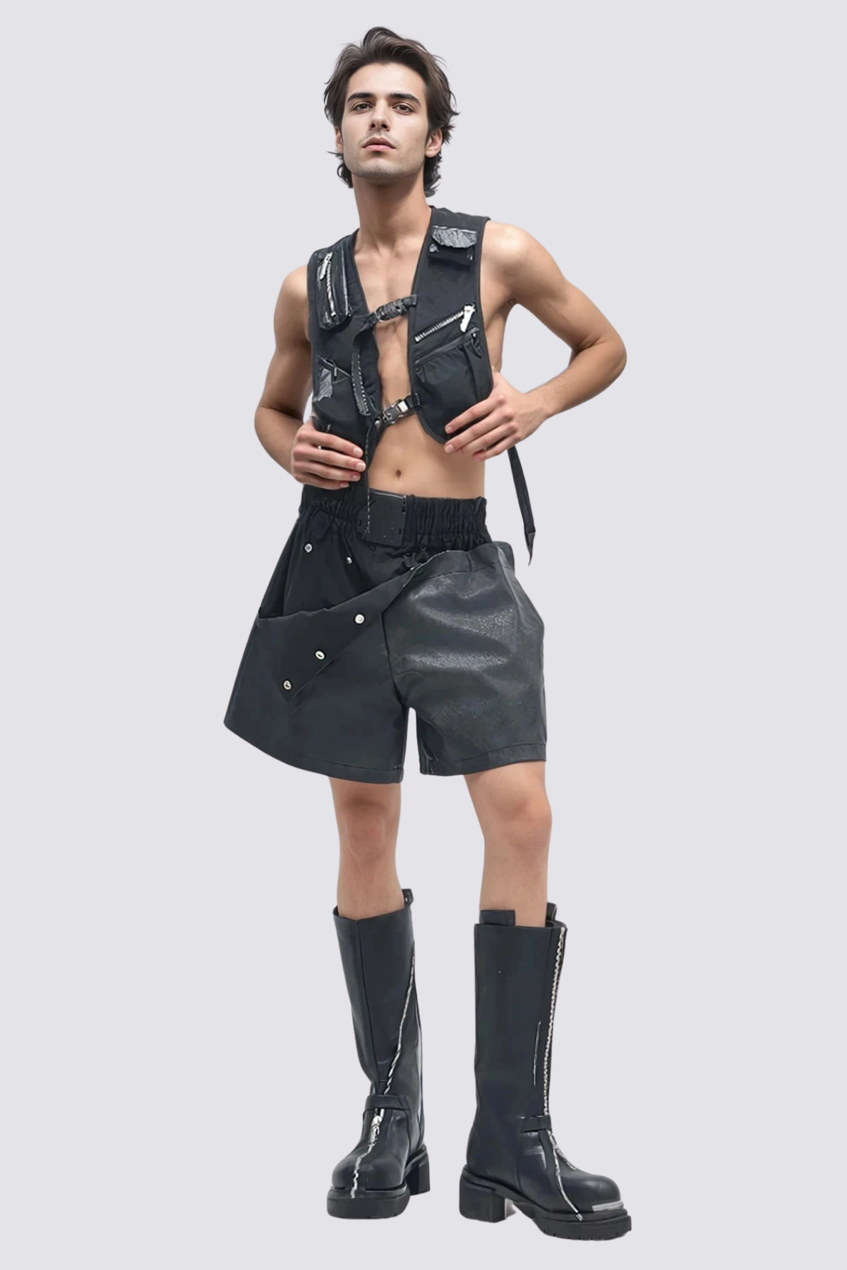 Grid Layer Leather Wide Leg Shorts