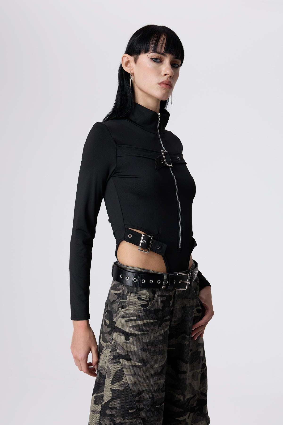Hard Frame Zipper Buckle Bodysuit