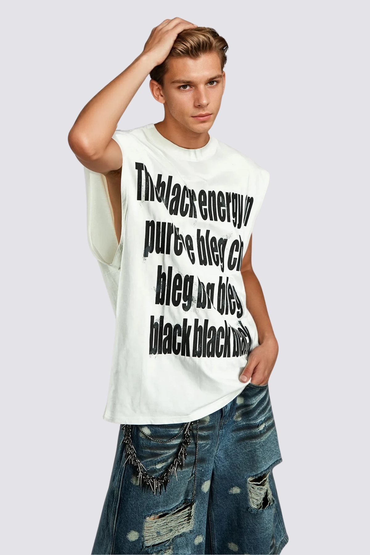 Hazy Symbol Letter Print Sleeveless Top White