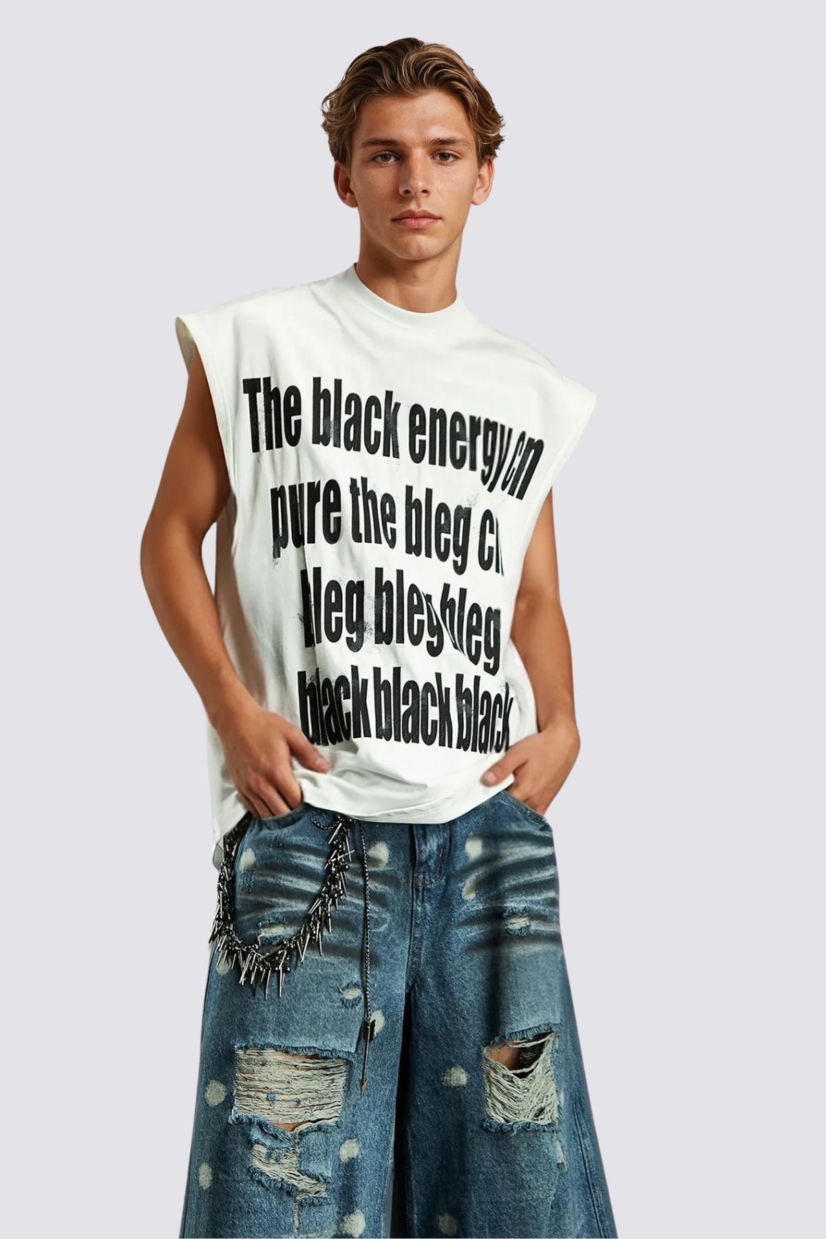 Hazy Symbol Letter Print Sleeveless Top White