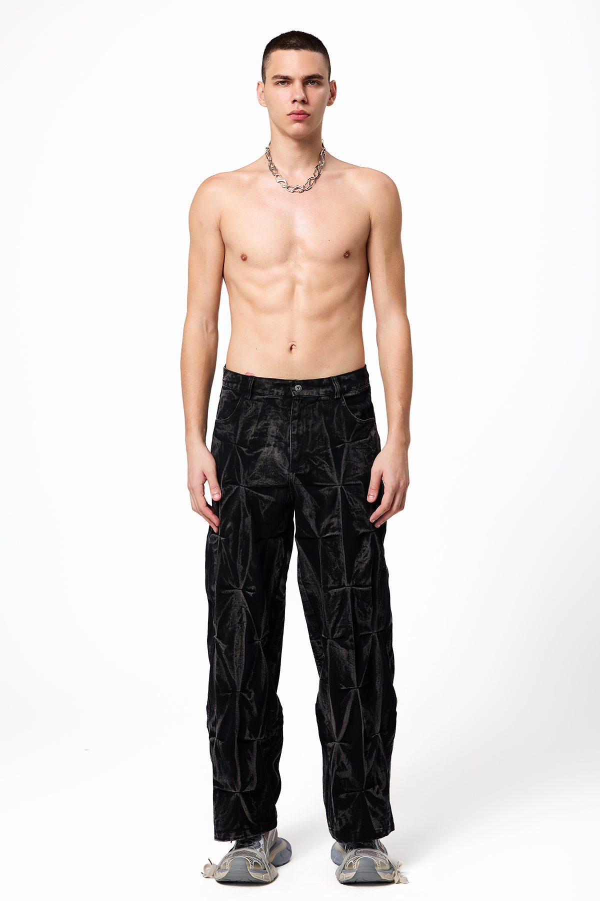 Highway Dust Bleach Dye Pleated Denim Pants