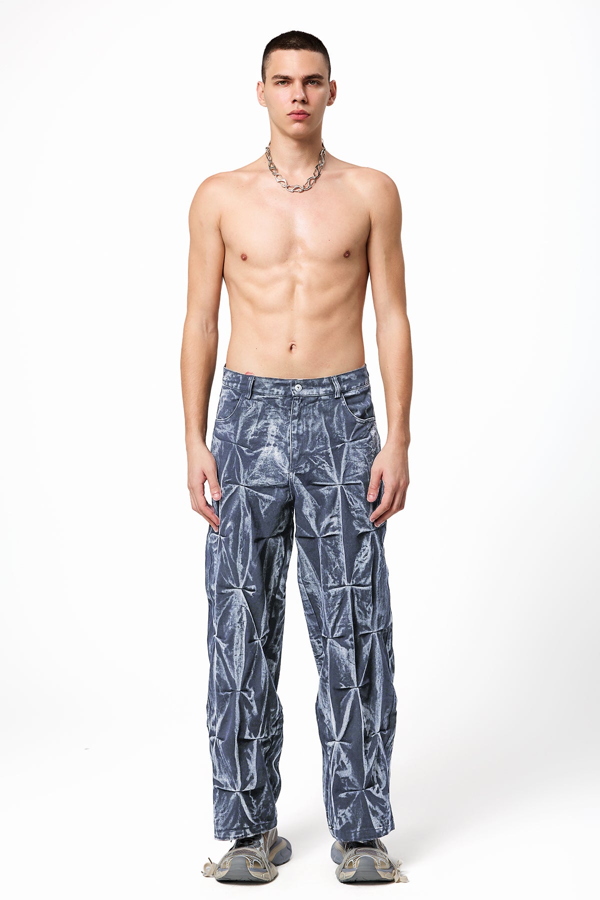 Highway Dust Bleach Dye Pleated Denim Pants