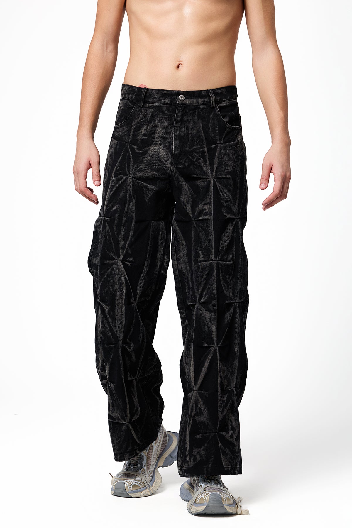 Highway Dust Bleach Dye Pleated Denim Pants