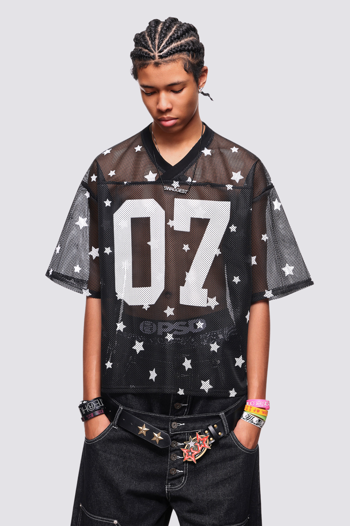 Illume Curve Cutout V Neck Star T-Shirt Black