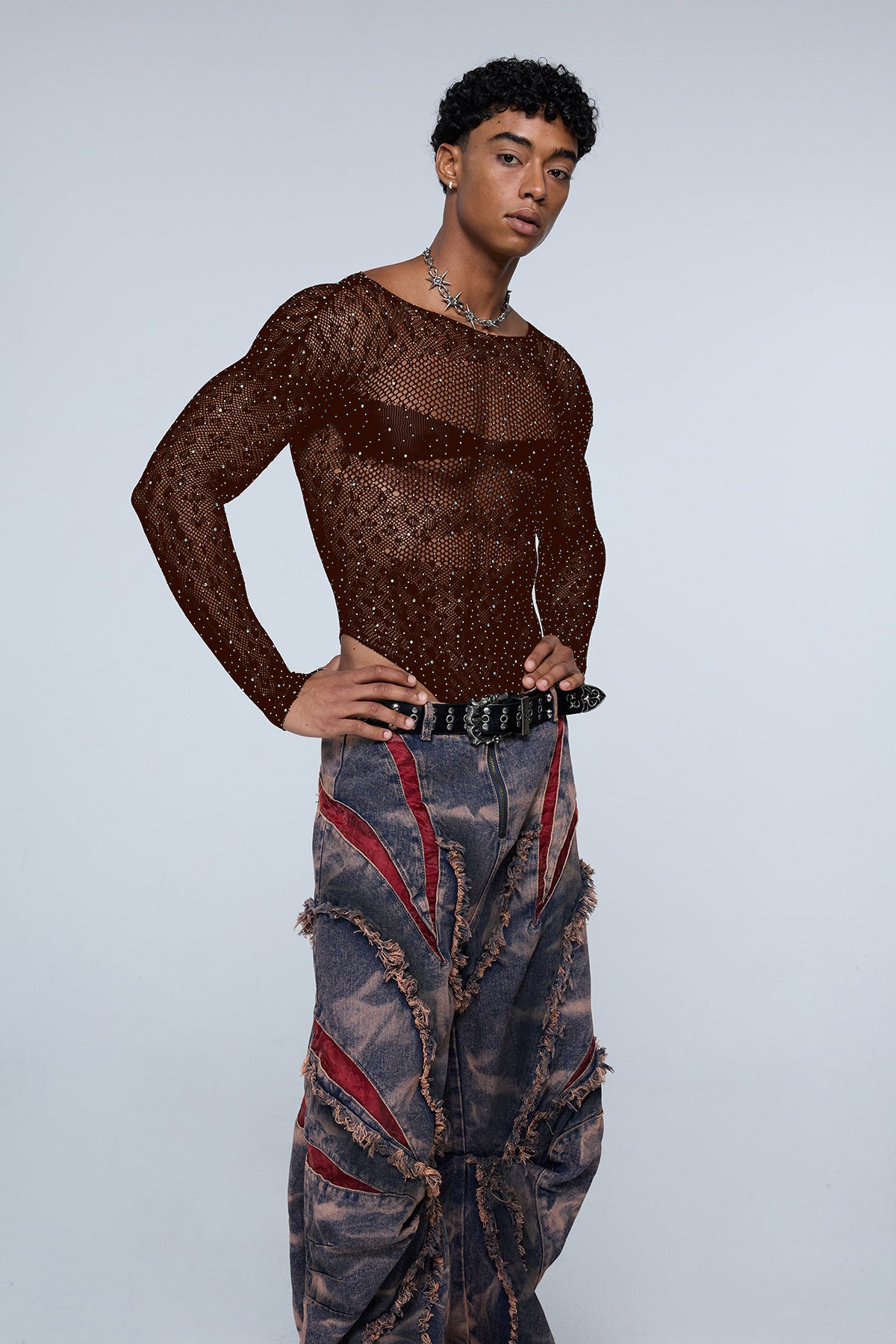 Instinct Pulse Leopard Rhinestone Knit Bodysuit Brown